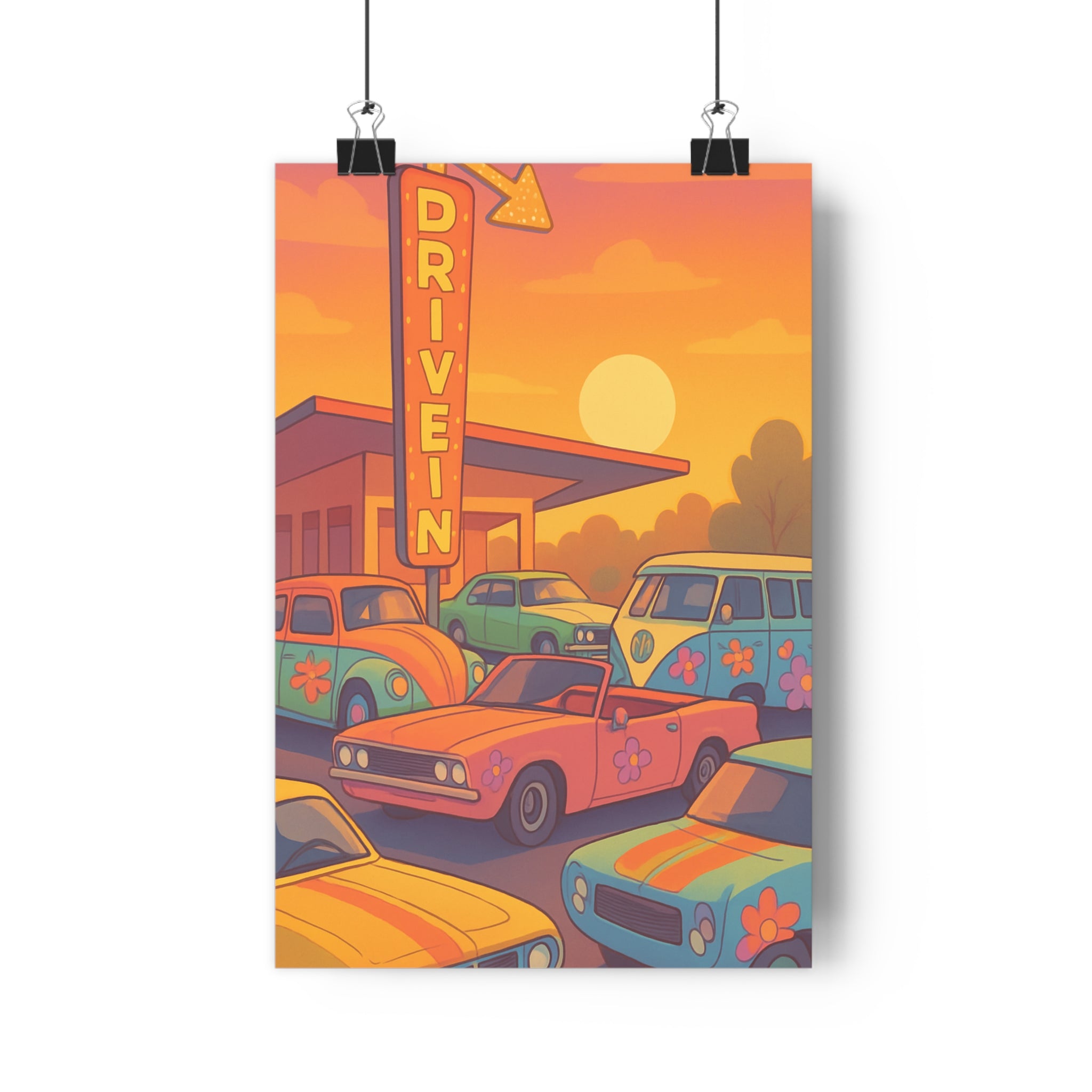 Poster décoratif rétro vintage orange bleu vert cartoon joyeux nostalgique salon chambre 30x46 ambiance