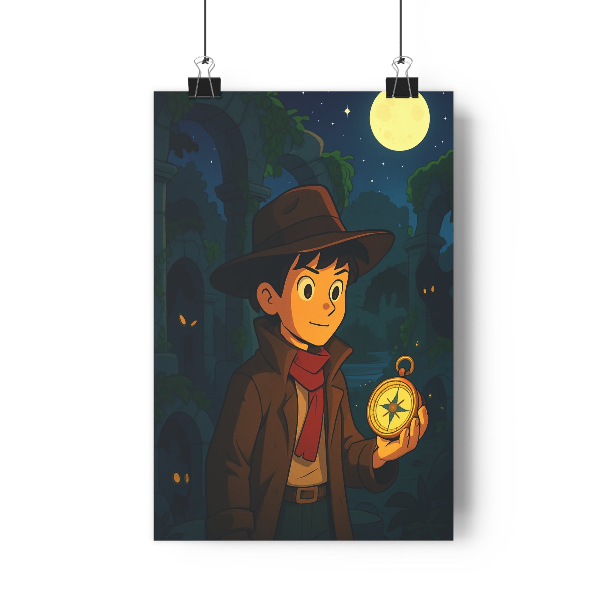 Poster décoratif aventure mystique dessin animé nocturne explorateur chapeau foulard chambre enfant éclatant mystérieux