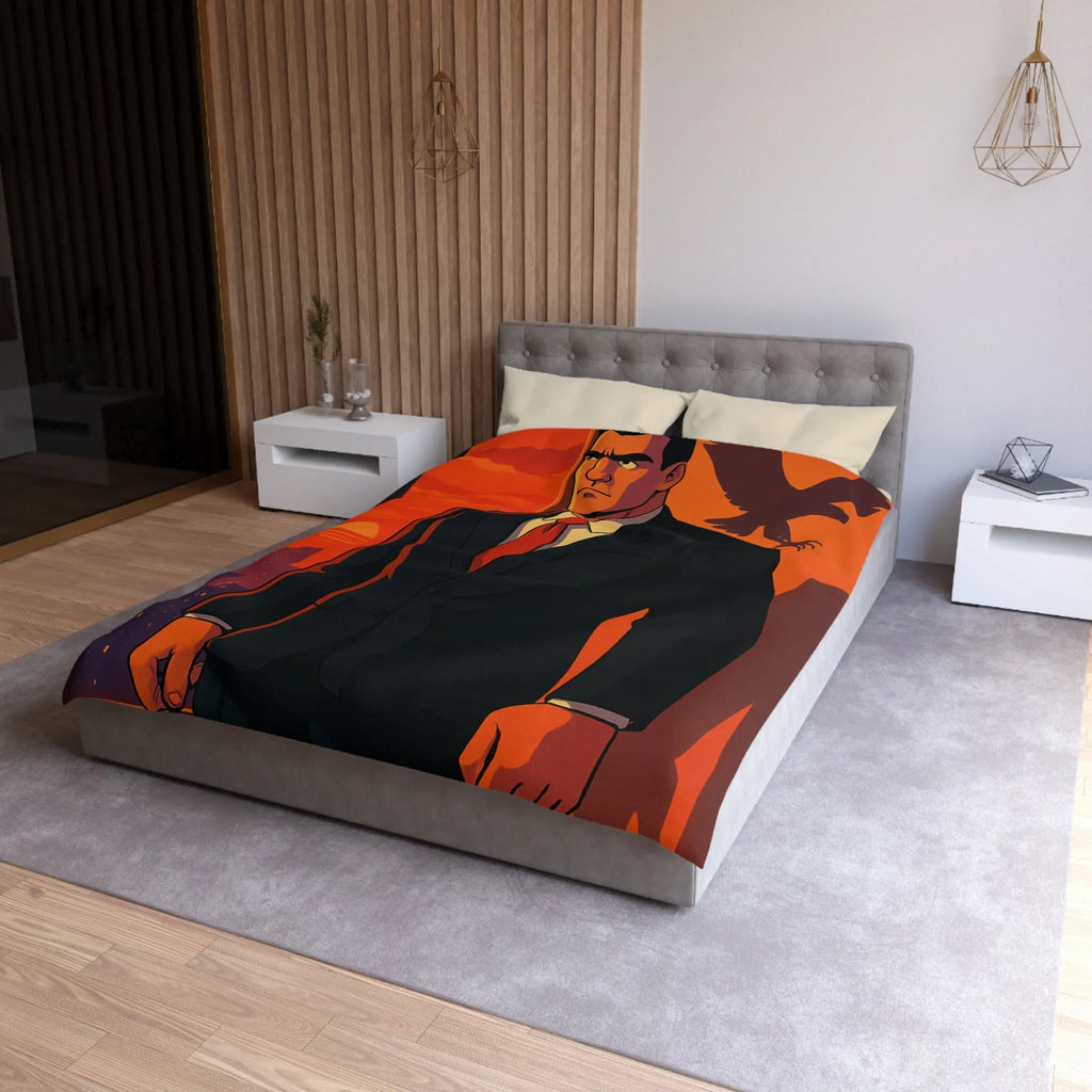 Housse de Couette au Style Épuré avec Silhouette Énigmatique et Coucher de Soleil