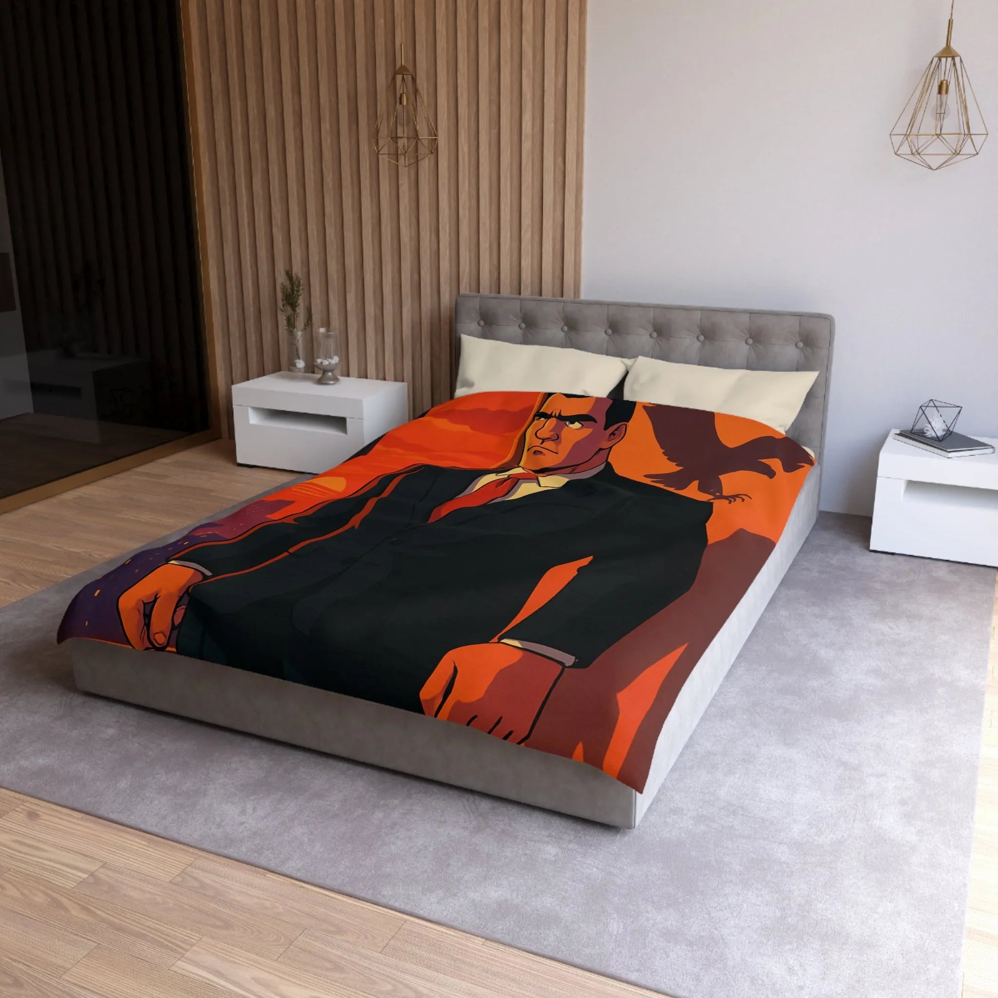 Housse de Couette au Style Épuré avec Silhouette Énigmatique et Coucher de Soleil