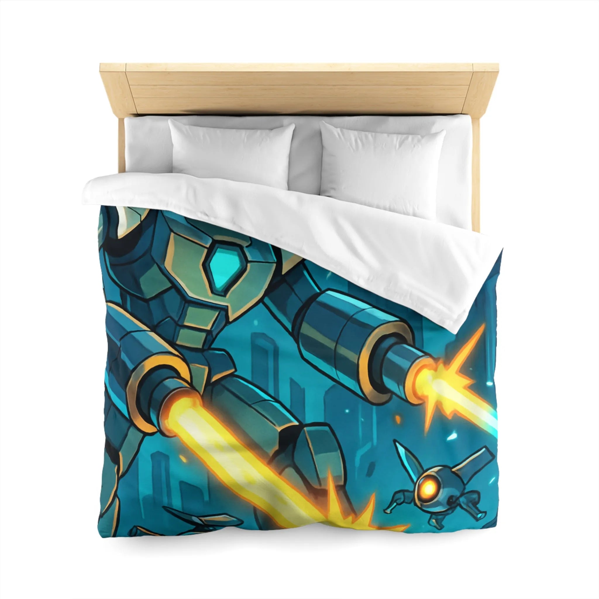 Housse de couette illustrant un robot tirant des lasers dans une ville futuriste la nuit