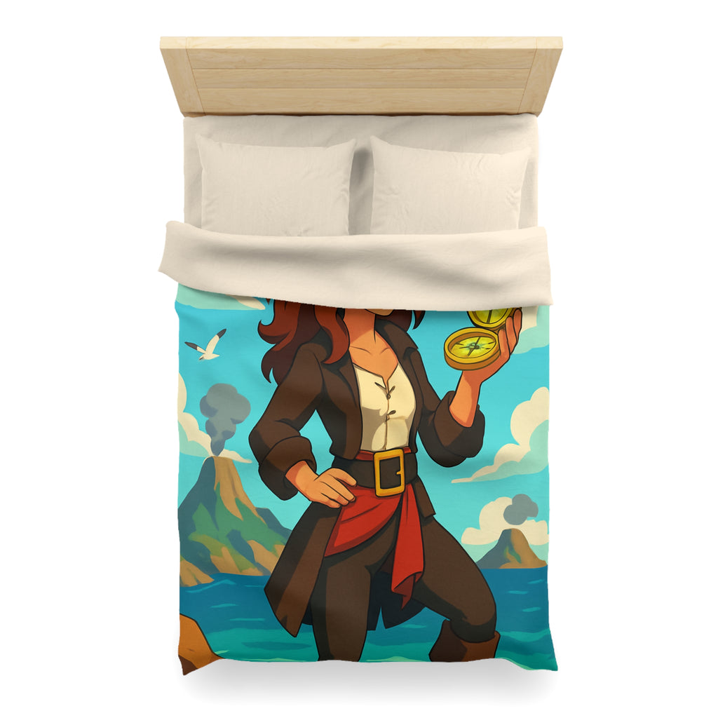 Housse de couette piraterie avec paysage maritime et aventurière avec boussole