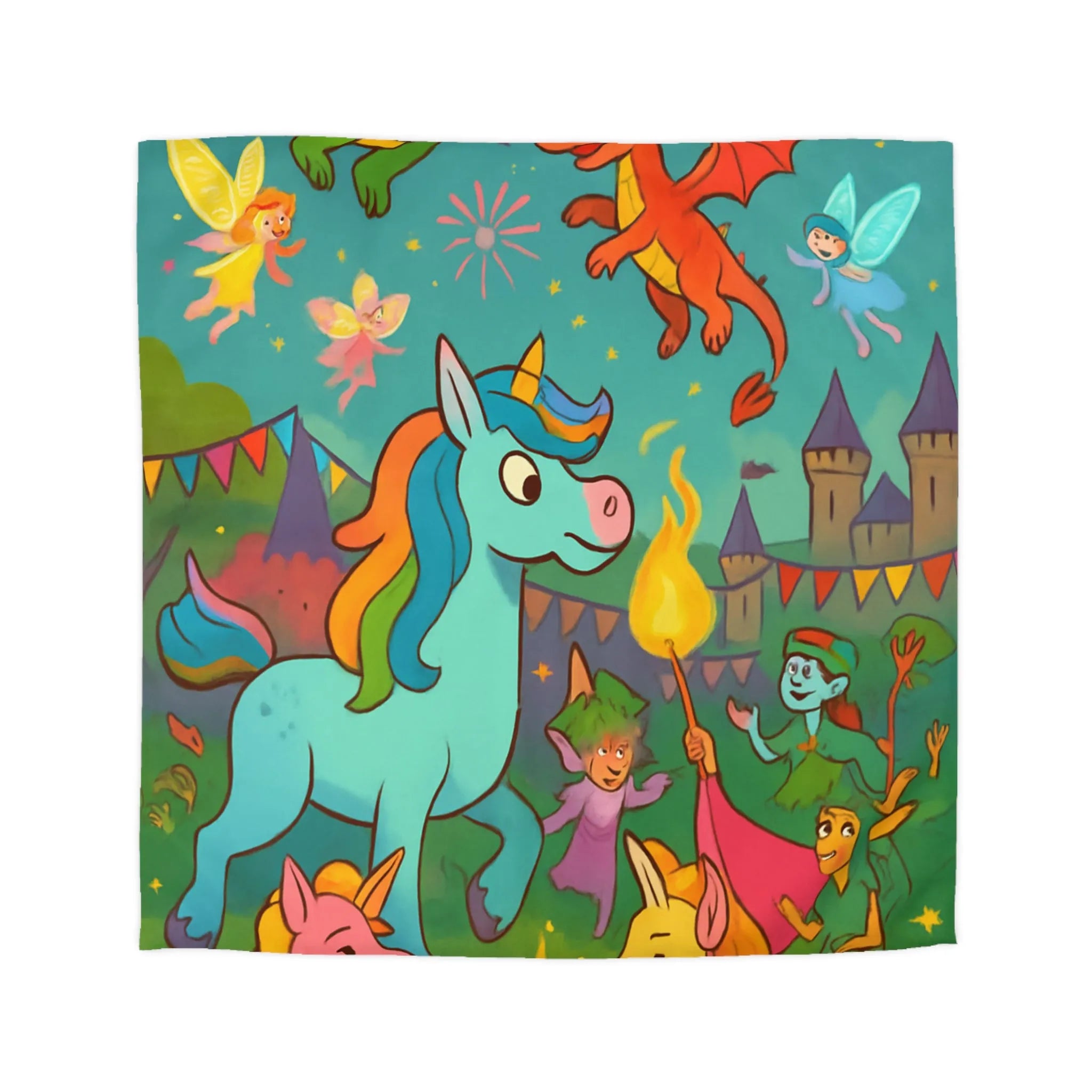 Housse de couette colorée avec licornes, dragons et fées au festival magique
