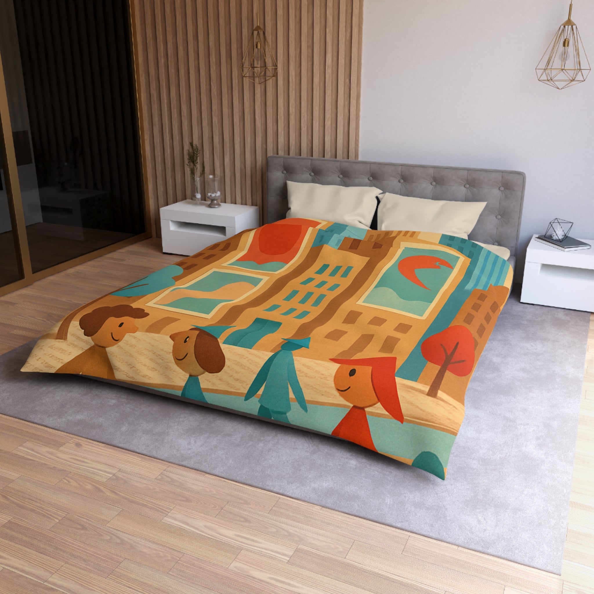 Housse de couette urbaine vintage : architecture colorée, silhouettes géométriques, ambiance rétro joyeuse