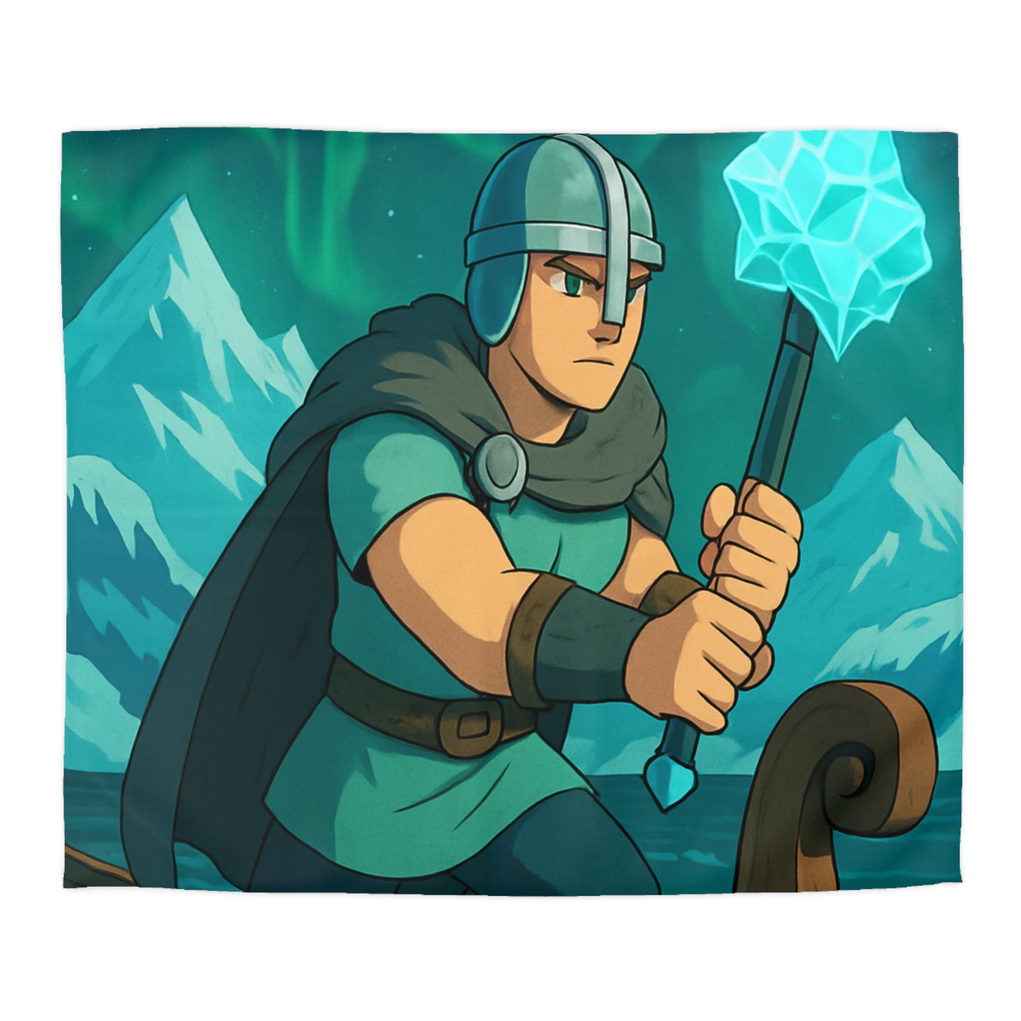 Housse de couette viking avec aurore boréale, bateau en bois et montagnes enneigées