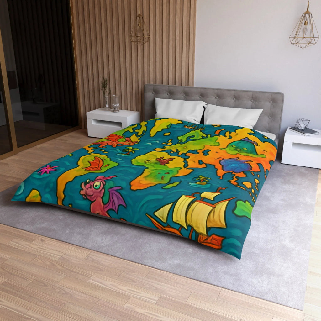 Housse de couette carte monde fantastique avec dragons et bateaux pour enfant