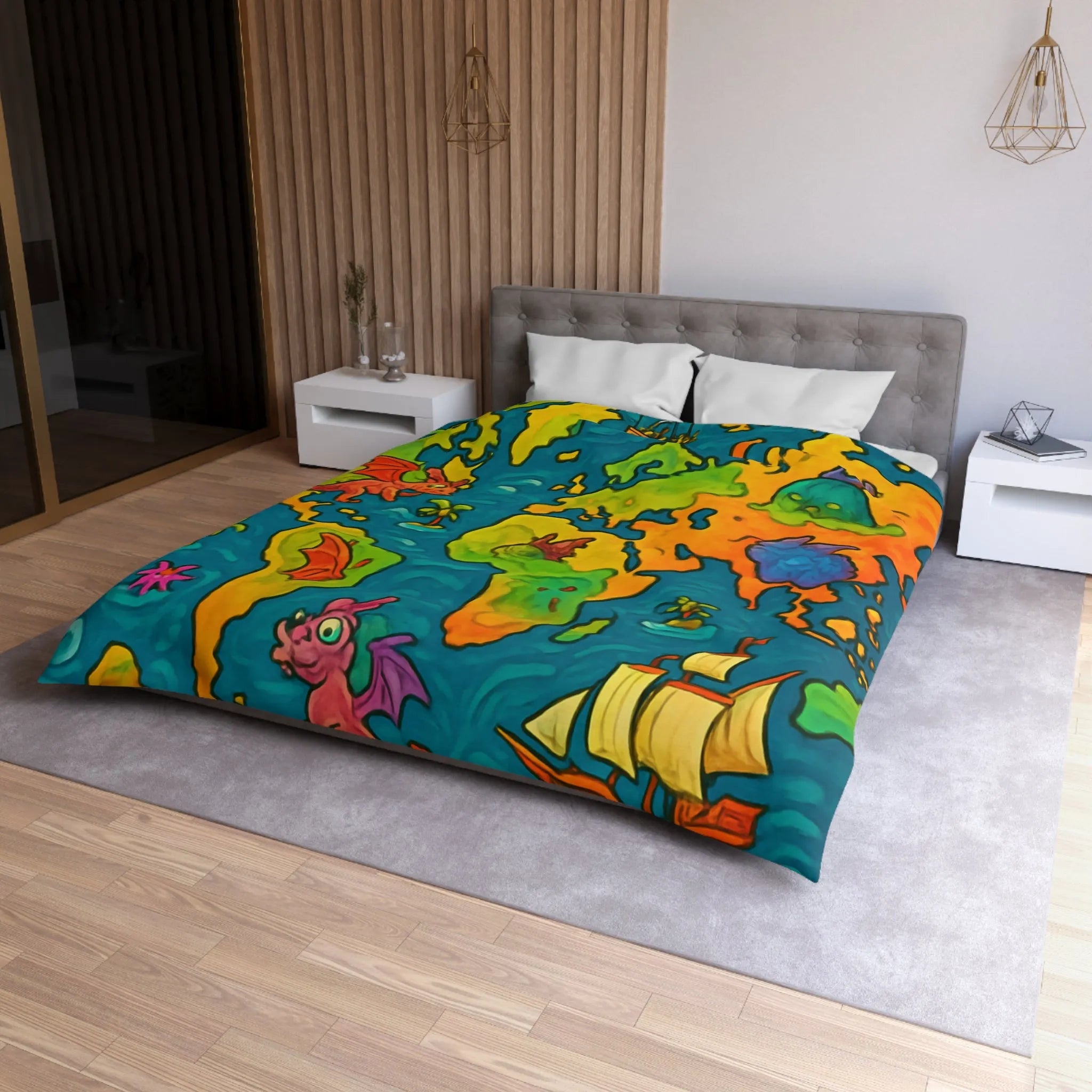 Housse de couette carte monde fantastique avec dragons et bateaux pour enfant