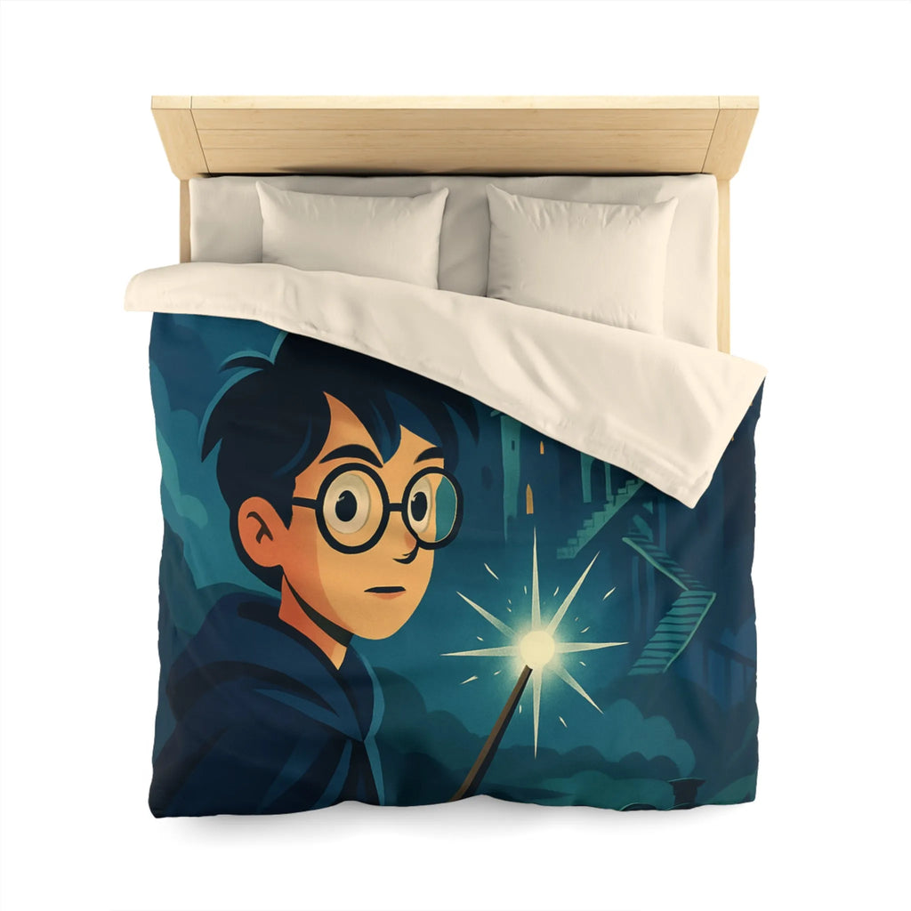 Housse de couette magique avec garçon, château mystérieux et train dans la nuit étoilée