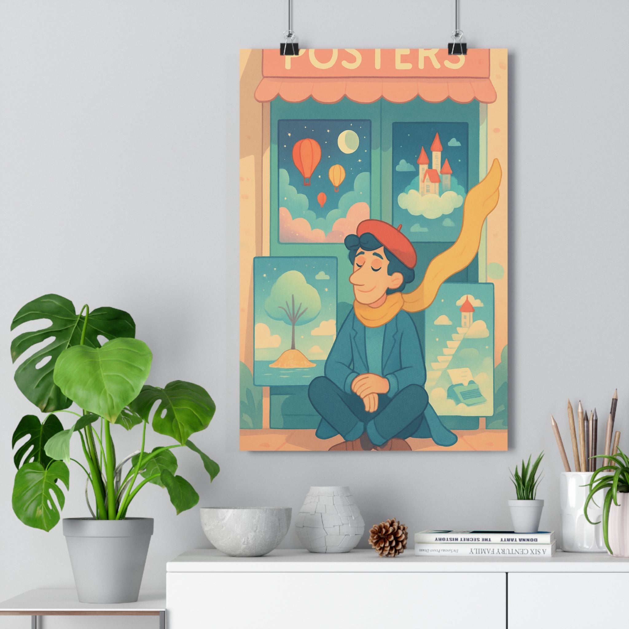 Poster décoratif surréaliste bleu rose jaune rêveur salon bureau 30x46 paisible original créatif ambiance