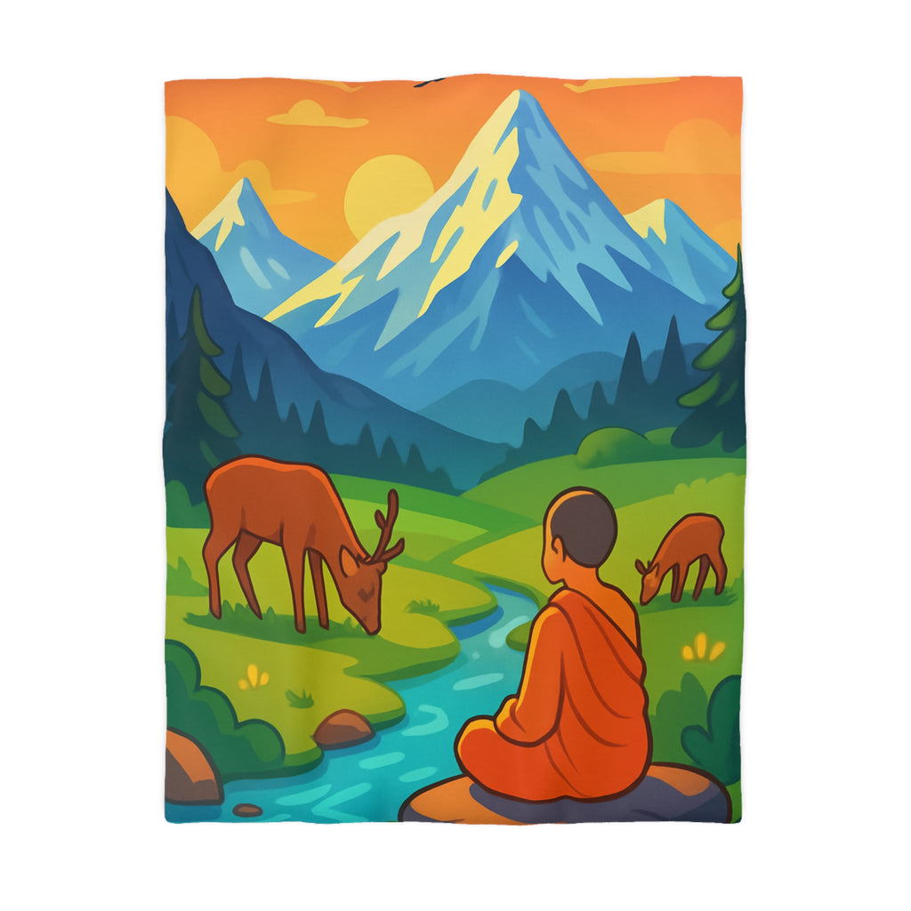Housse de couette zen avec paysage montagneux, moine, cerfs et rivière tranquille