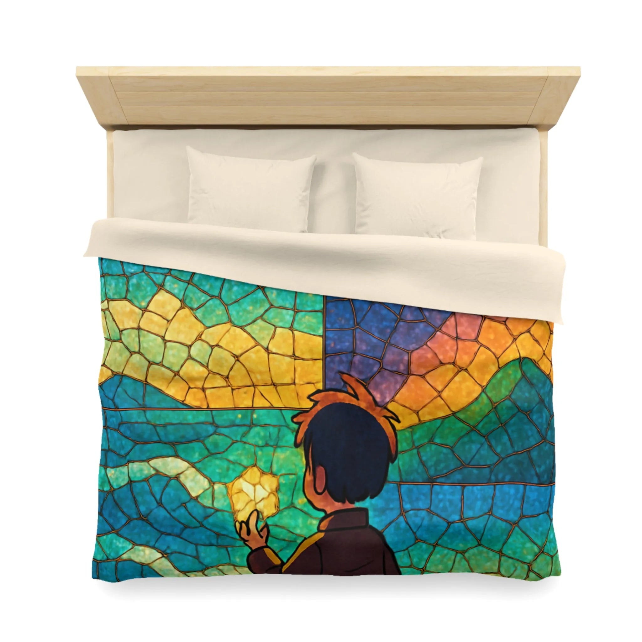 Housse de couette artistique avec paysage montagneux et ciel étoilé coloré en vitrail