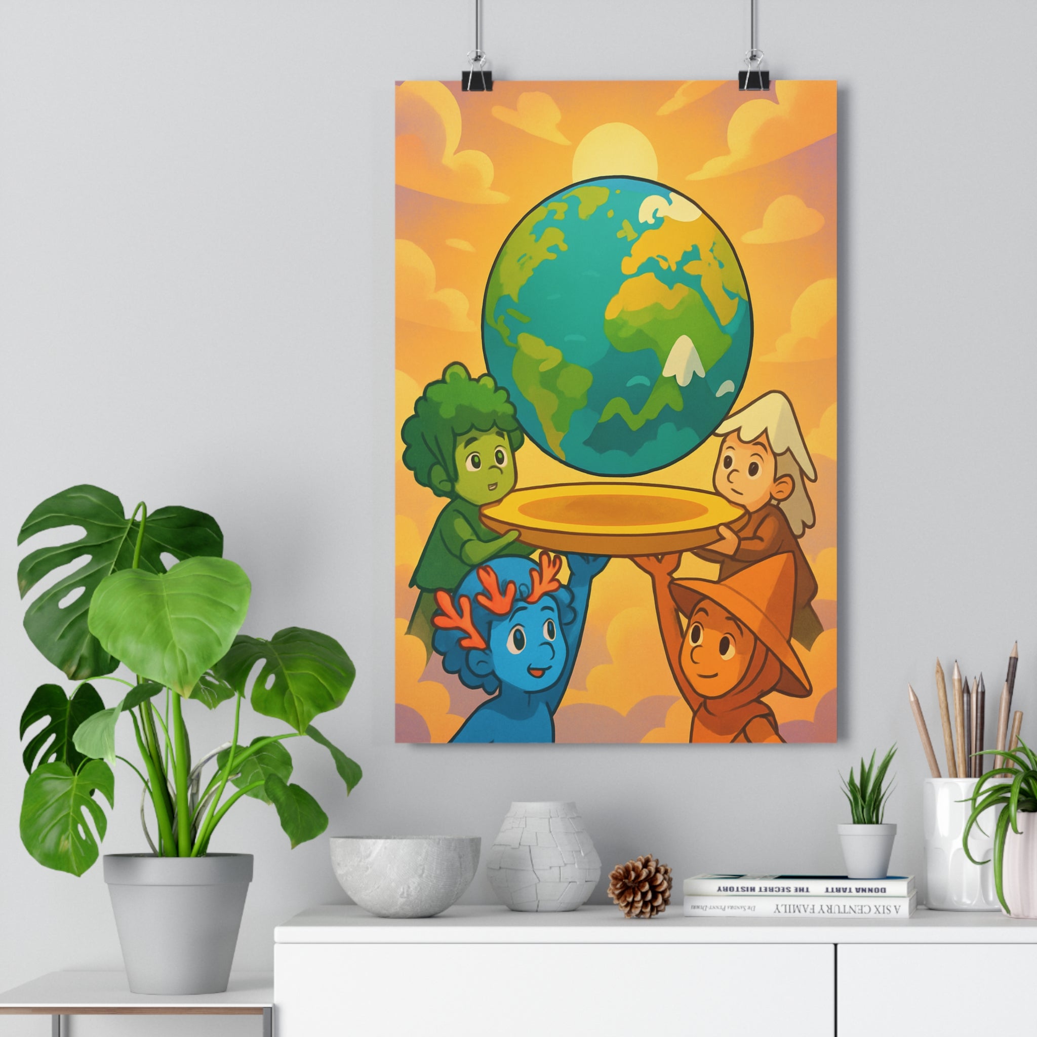 Poster décoratif fantastique écologique vert bleu joyeux enfant aventure nature monde imaginaire harmonieux artistique