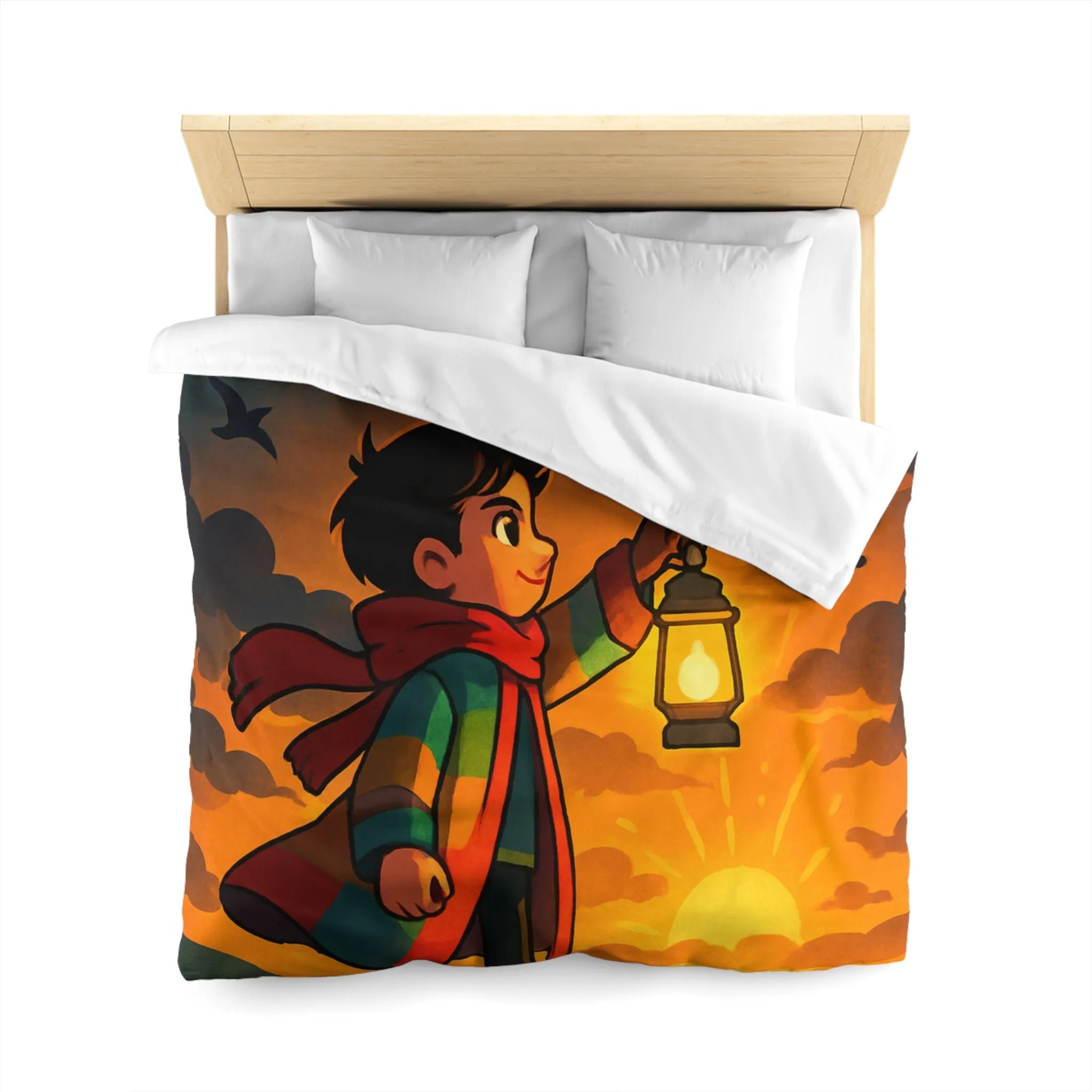 Housse de couette avec illustration enfantine colorée : garçon, lanterne, ciel dramatique