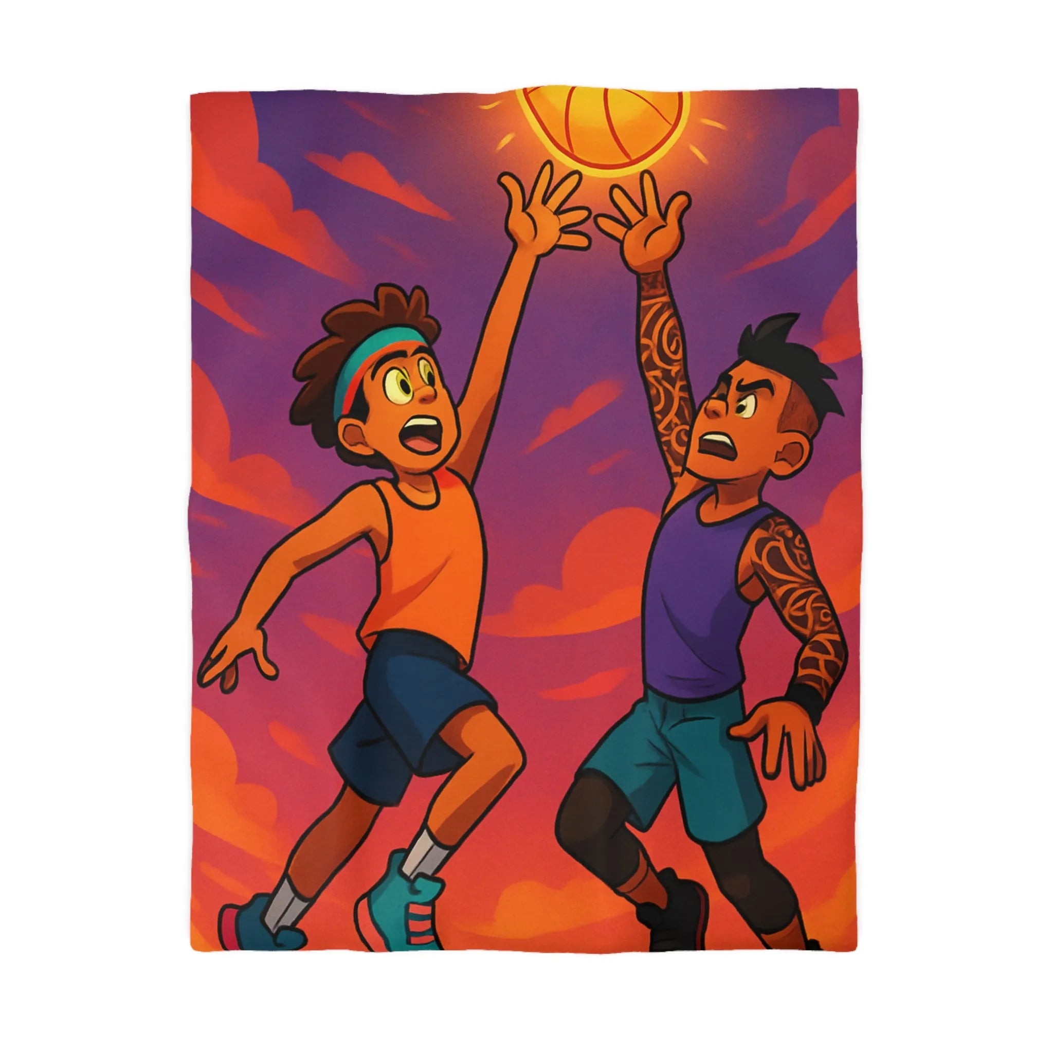 Housse de couette basketball, style dessin animé, coucher de soleil dynamique énergique