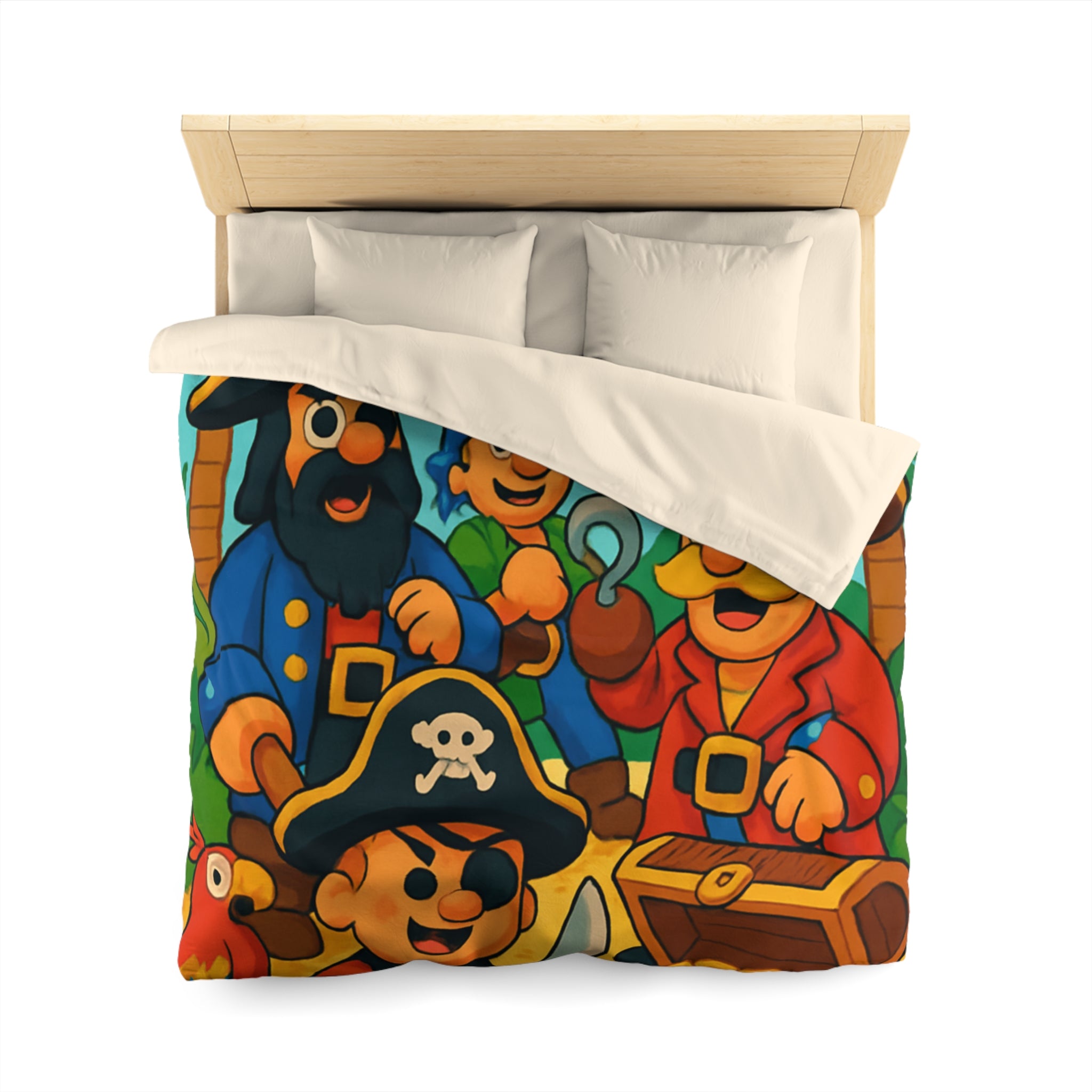 Housse de couette pirate colorée avec trésors, perroquets et personnages joyeux animés