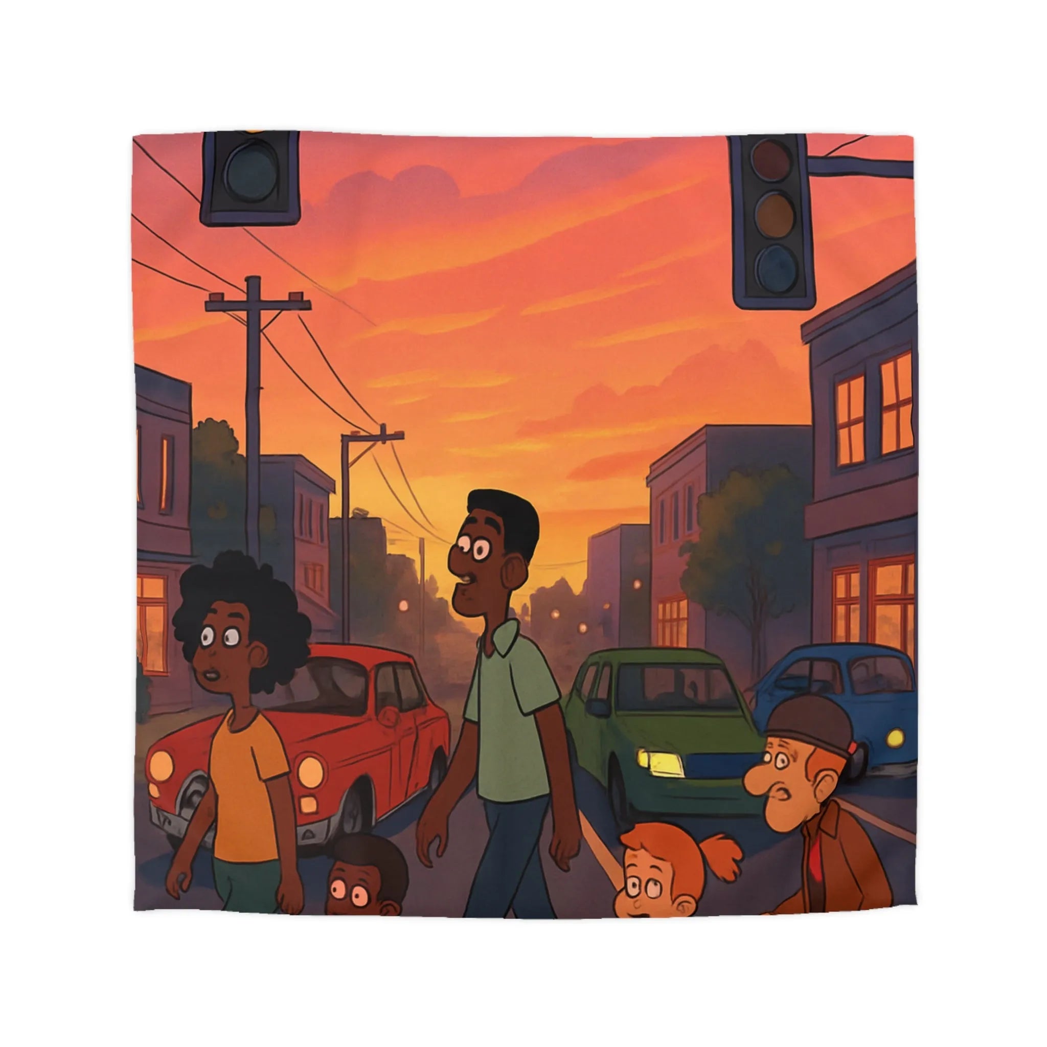 Housse de couette coucher de soleil urbain coloré, personnages divers traversant rue animée