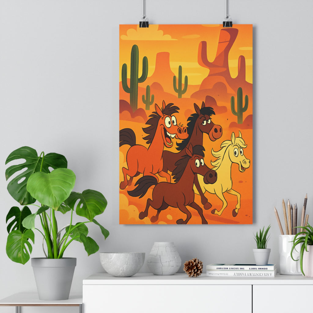 Poster décoratif cartoon chevaux orange chaud enfant chambre dynamique far west désert 30x46 joyeux