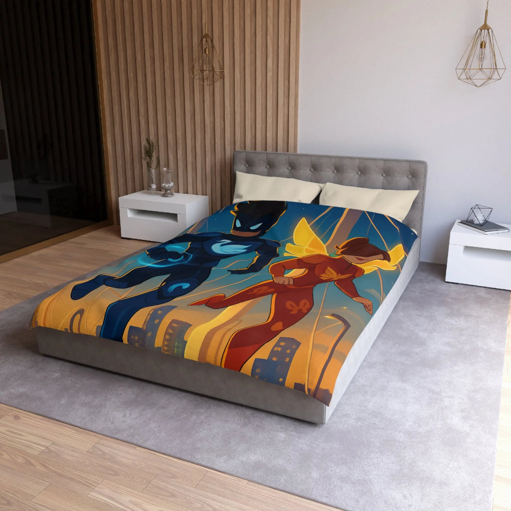 Housse de Couette Avec Héros Masqués et Ville au Crépuscule pour Chambre Enfant