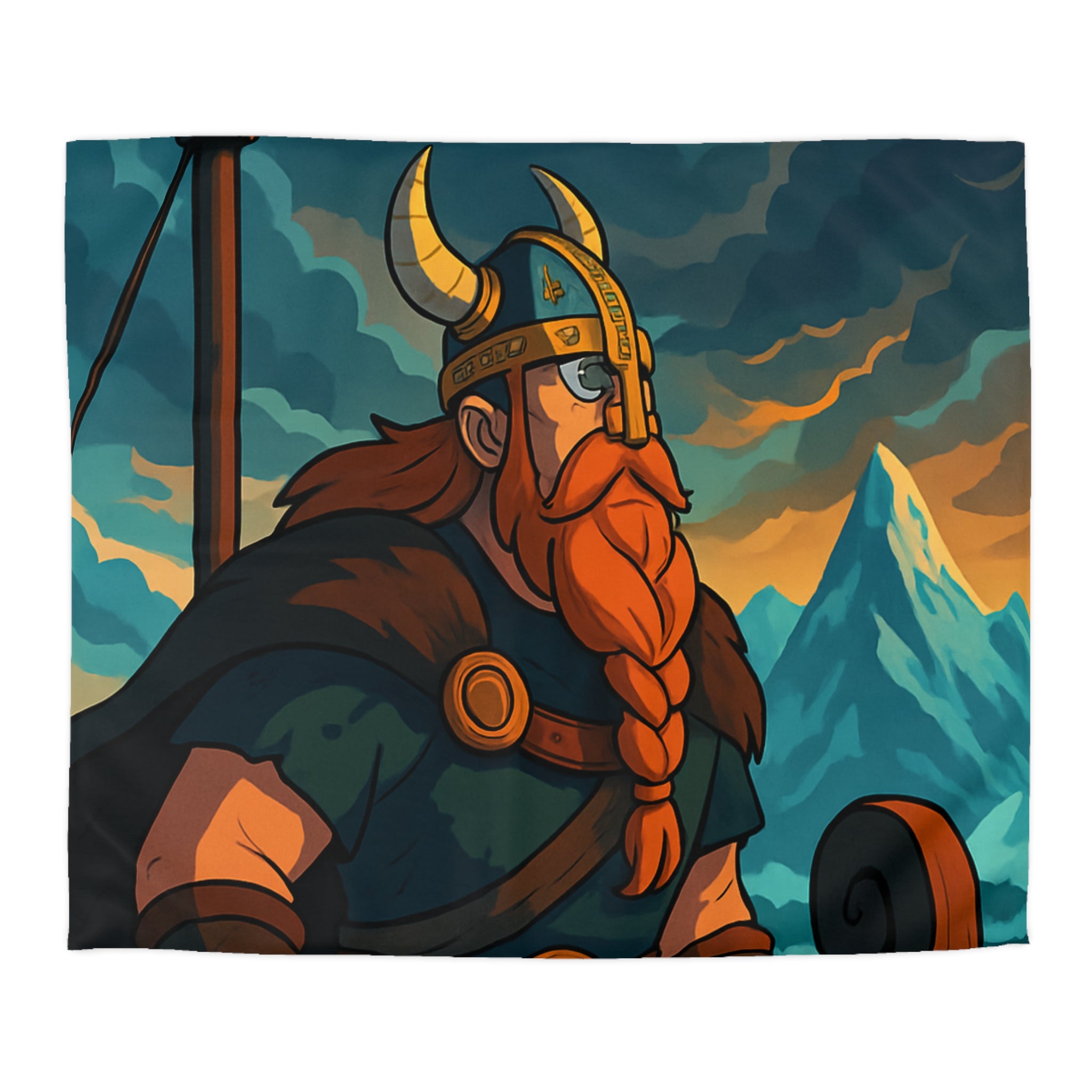 Housse de couette viking avec montagnes enneigées et nuages dramatiques, ambiance épique garantie