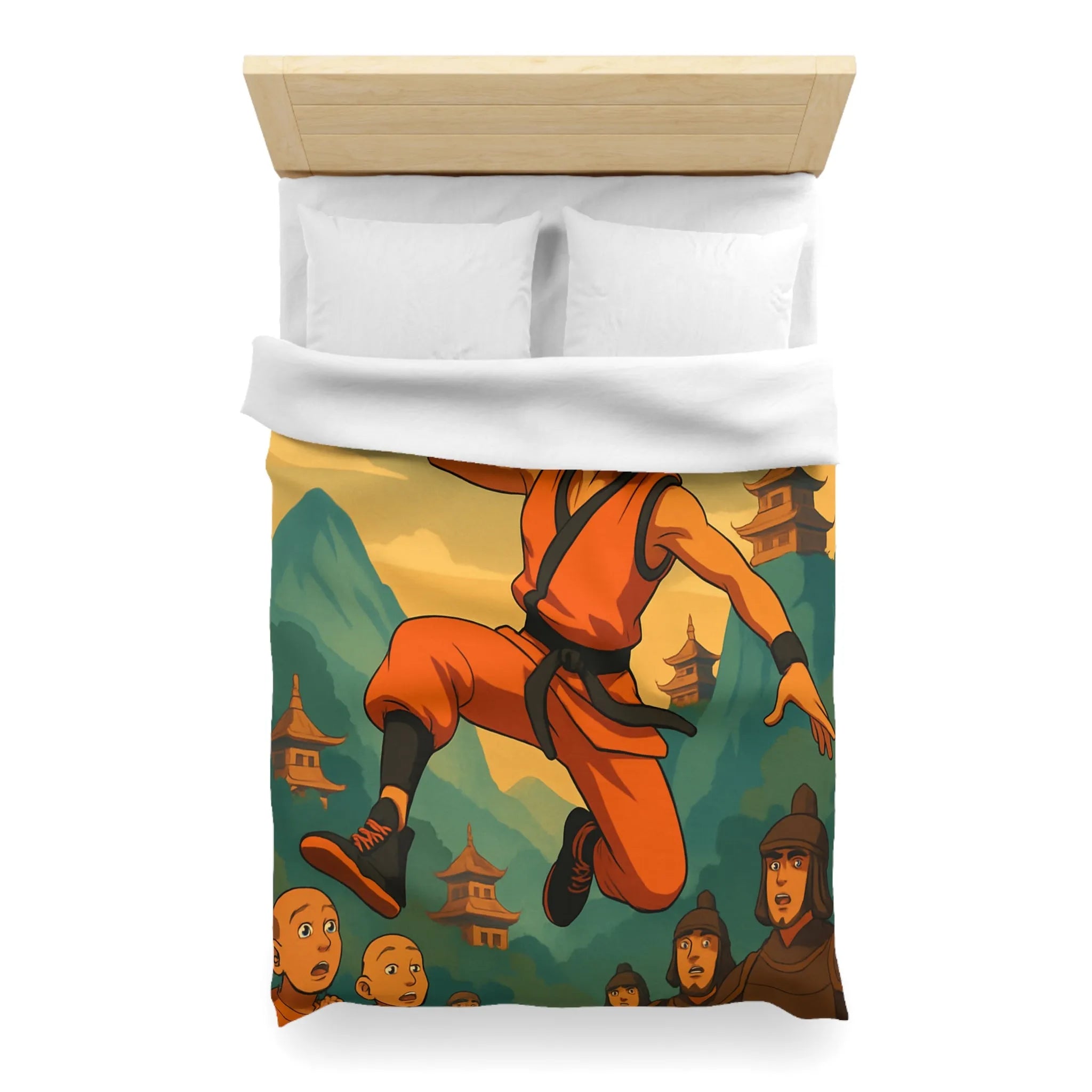 Housse de Couette Art Martial Moine avec Ballon de Basket en Feu Paysage Montagneux