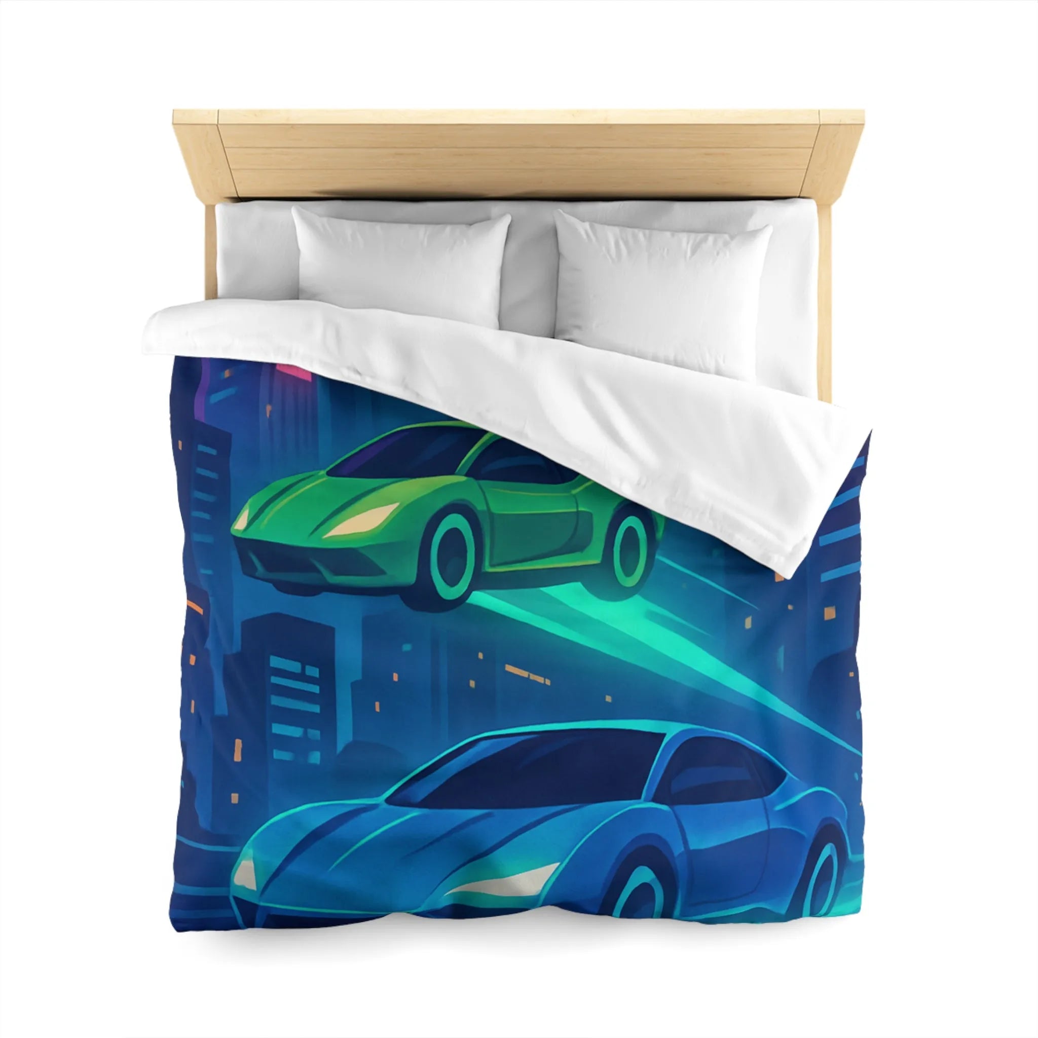 Découvrez des voitures futuristes illuminées flottant dans un ciel urbain nocturne vibrant