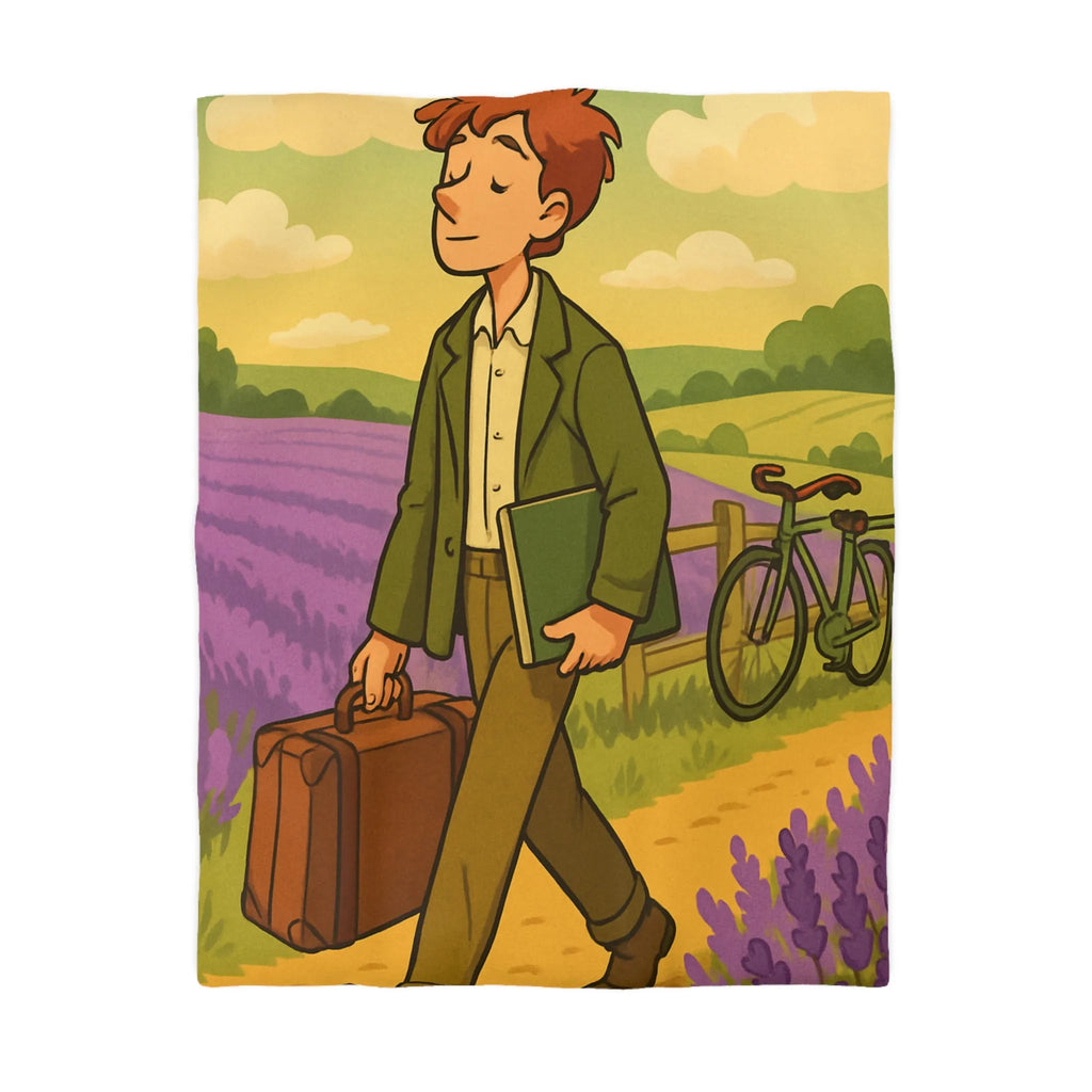 Housse de Couette Champêtre Lavande avec Jeune Homme et Vieux Vélo Vintage