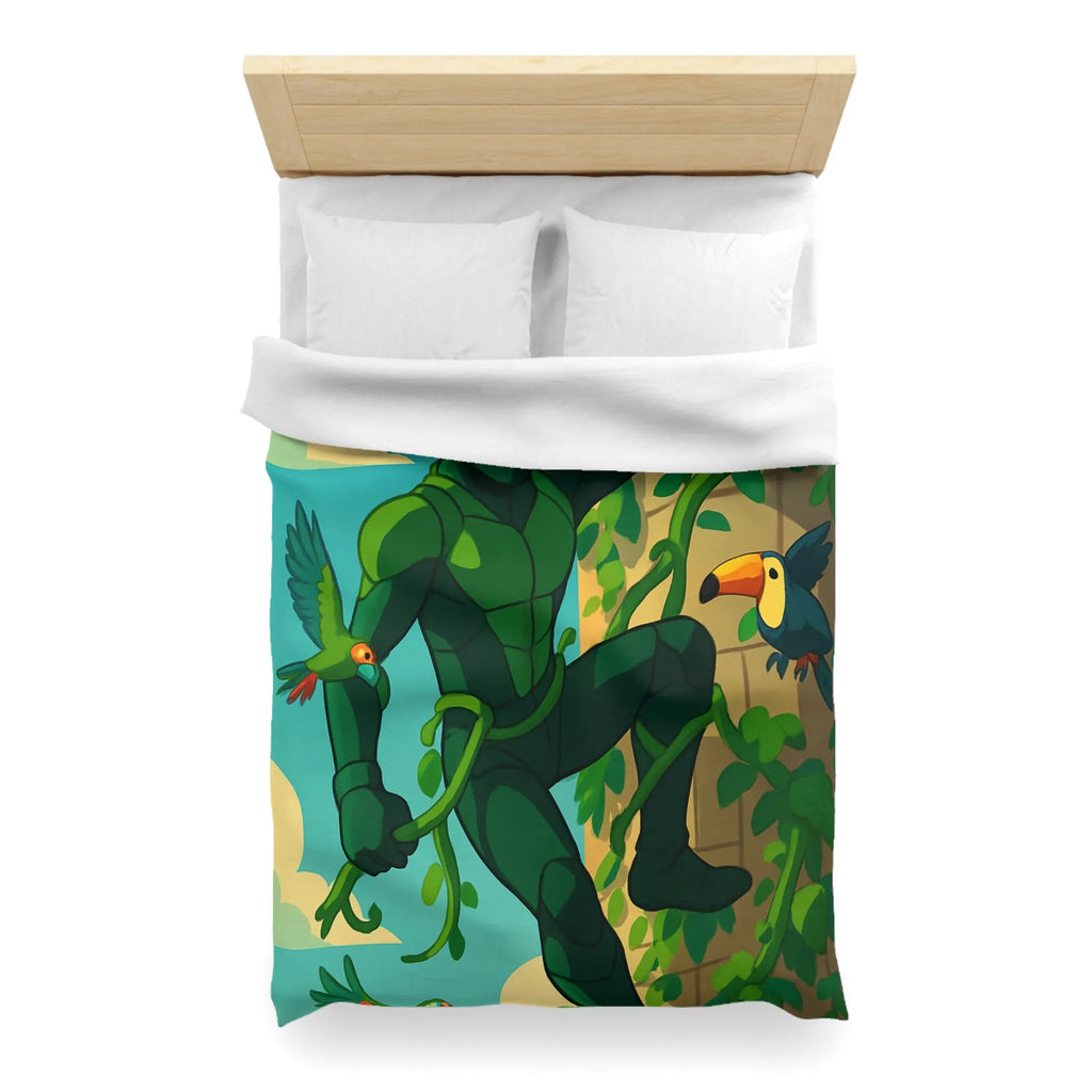 Housse de couette jungle animée avec héros vert grimpant et oiseaux colorés
