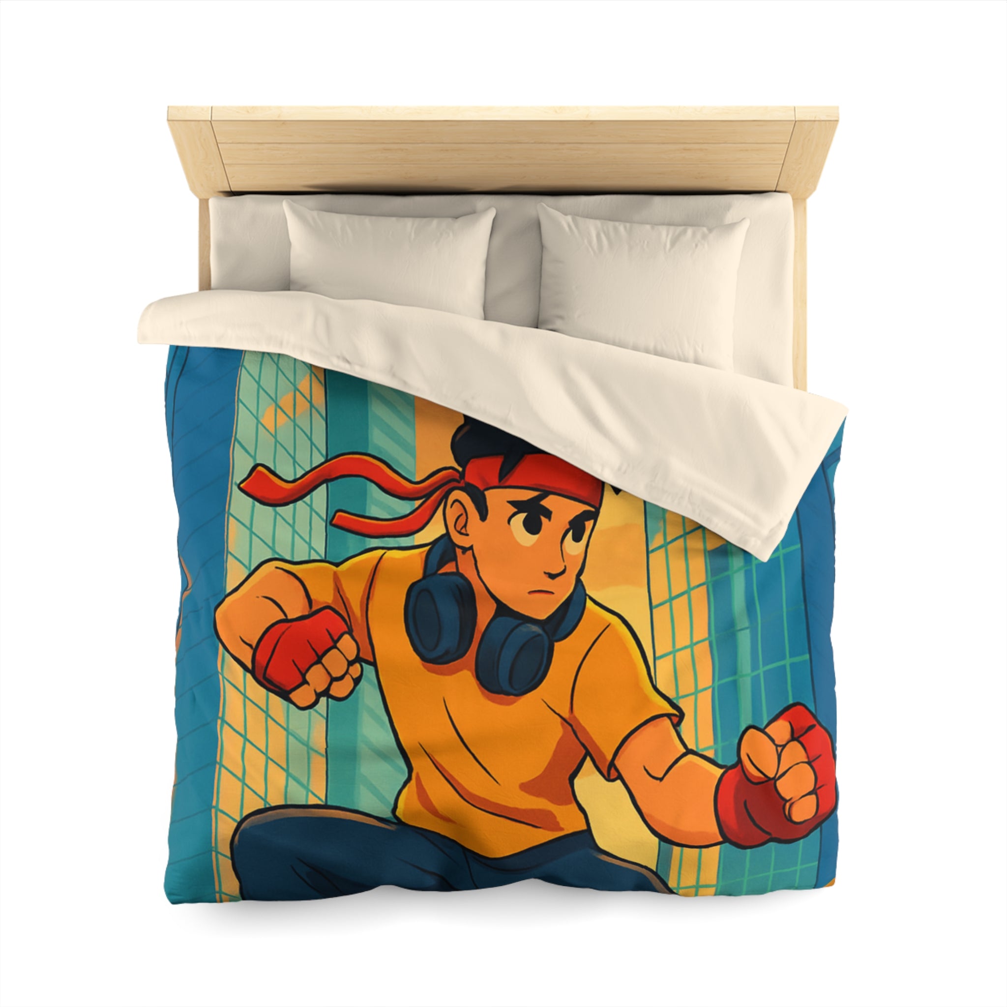 Housse de Couette Style Urbain Colorée avec Jeune Héros en Ville Moderne