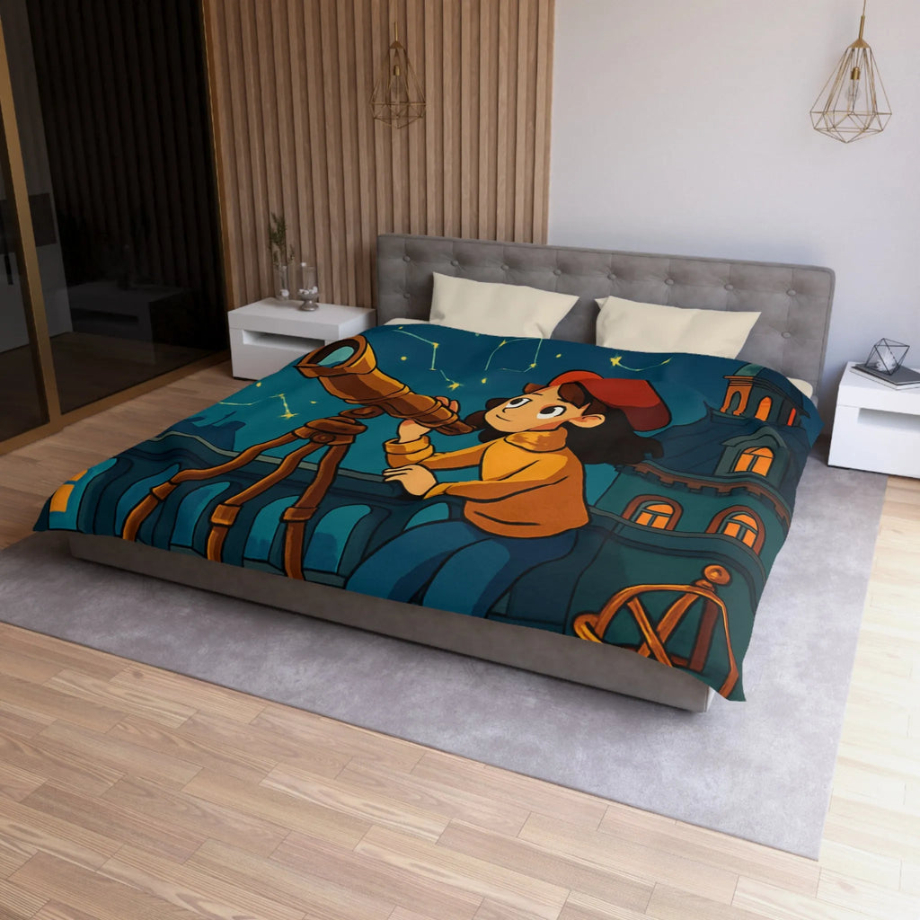 Housse de Couette Enfant Astronome avec Télescope, Ciel Étoilé Magique et Constellations