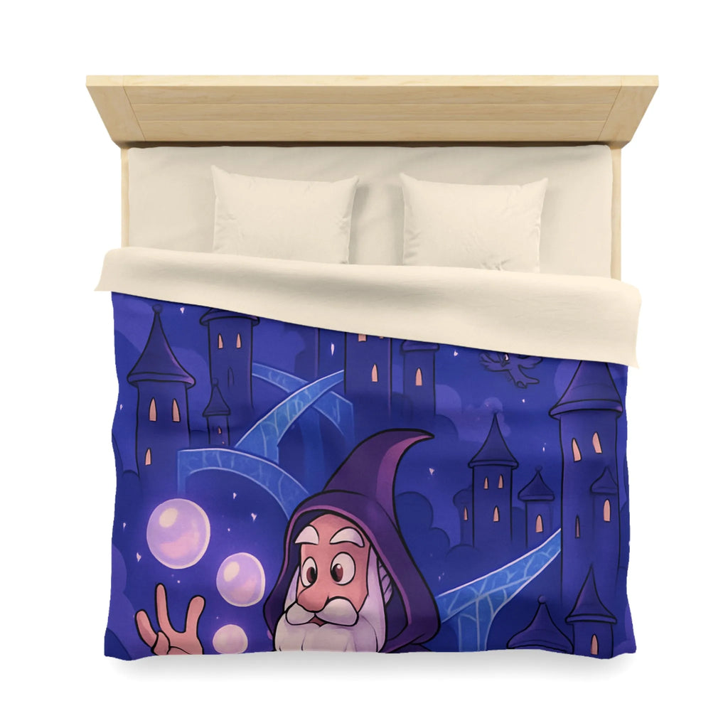 Housse de couette magique avec dragon violet, hiboux et sorcier devant château