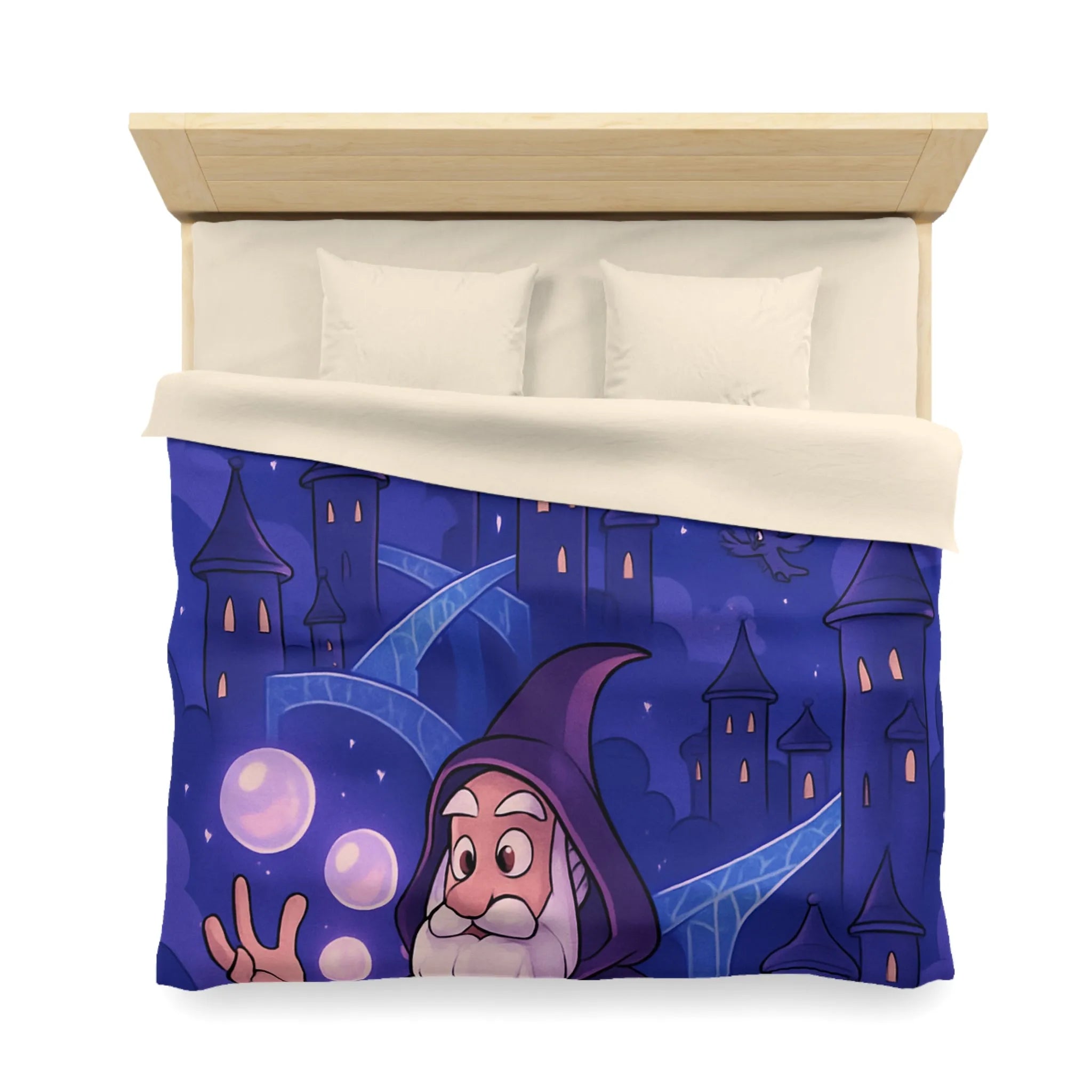 Housse de couette magique avec dragon violet, hiboux et sorcier devant château