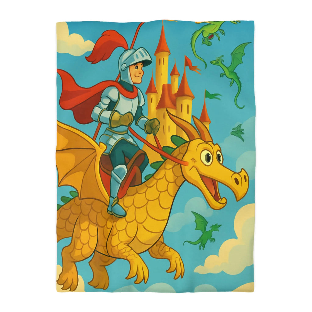 Housse de couette avec chevalier courageux chevauchant un dragon doré au-dessus château fantastique