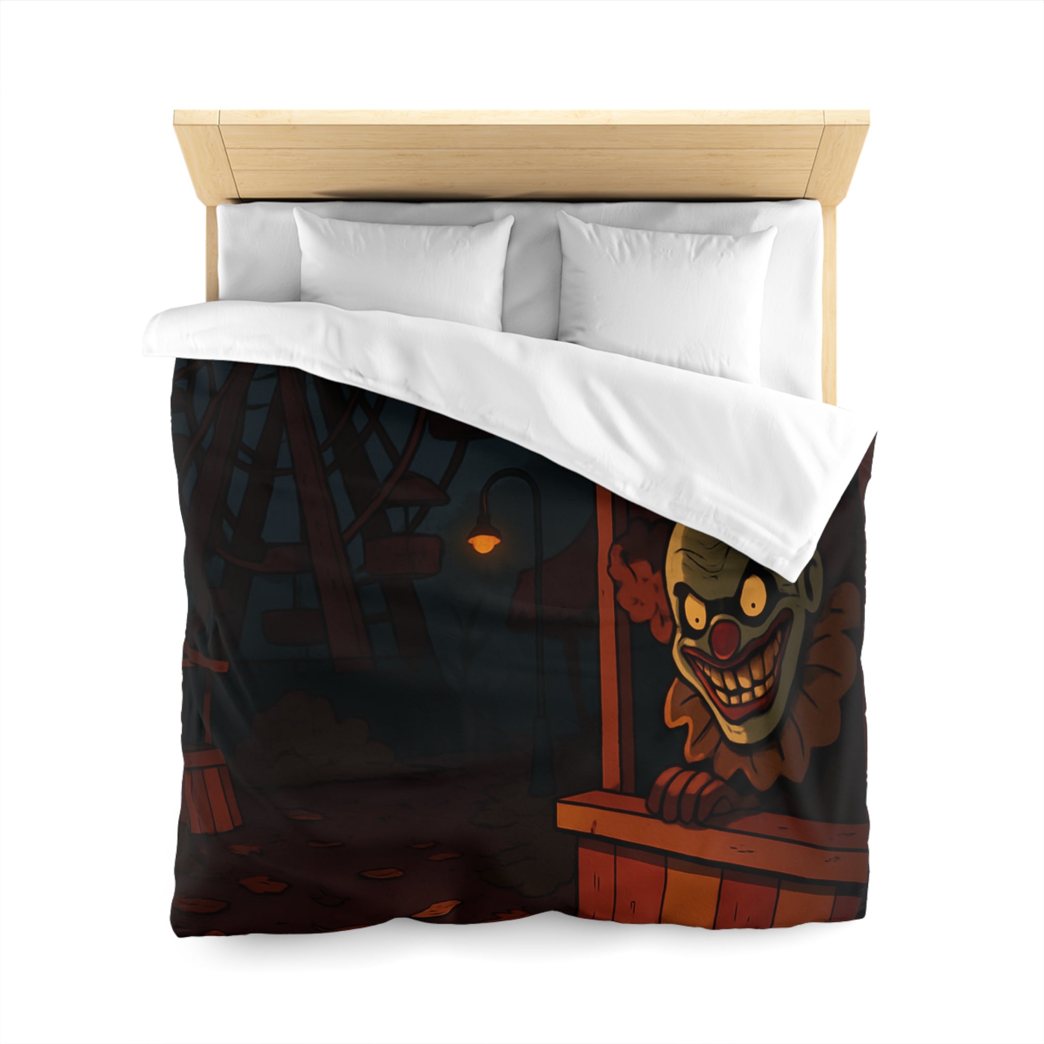 Housse de couette terrifiante avec clown sinistre et grande roue inquiétante la nuit