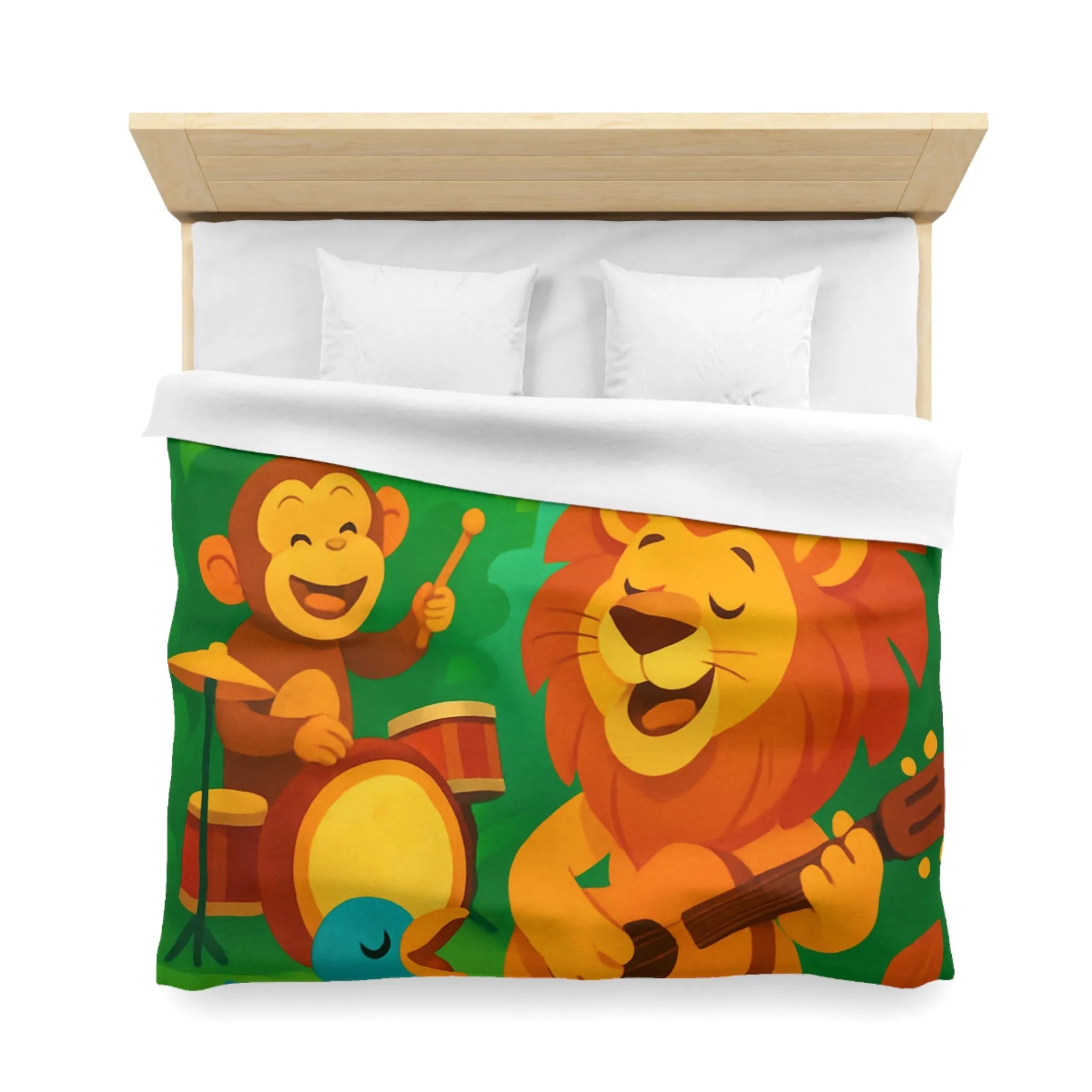 Housse de couette jungle colorée avec lion, singe, et oiseau musiciens joyeux