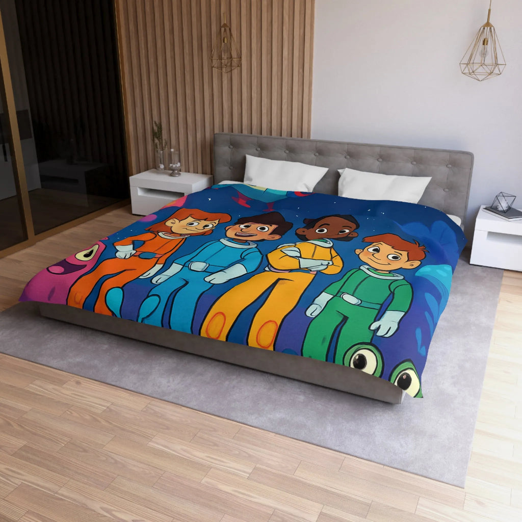 Housse de couette enfant astronaute avec planète, fusée et créatures extraterrestres colorées