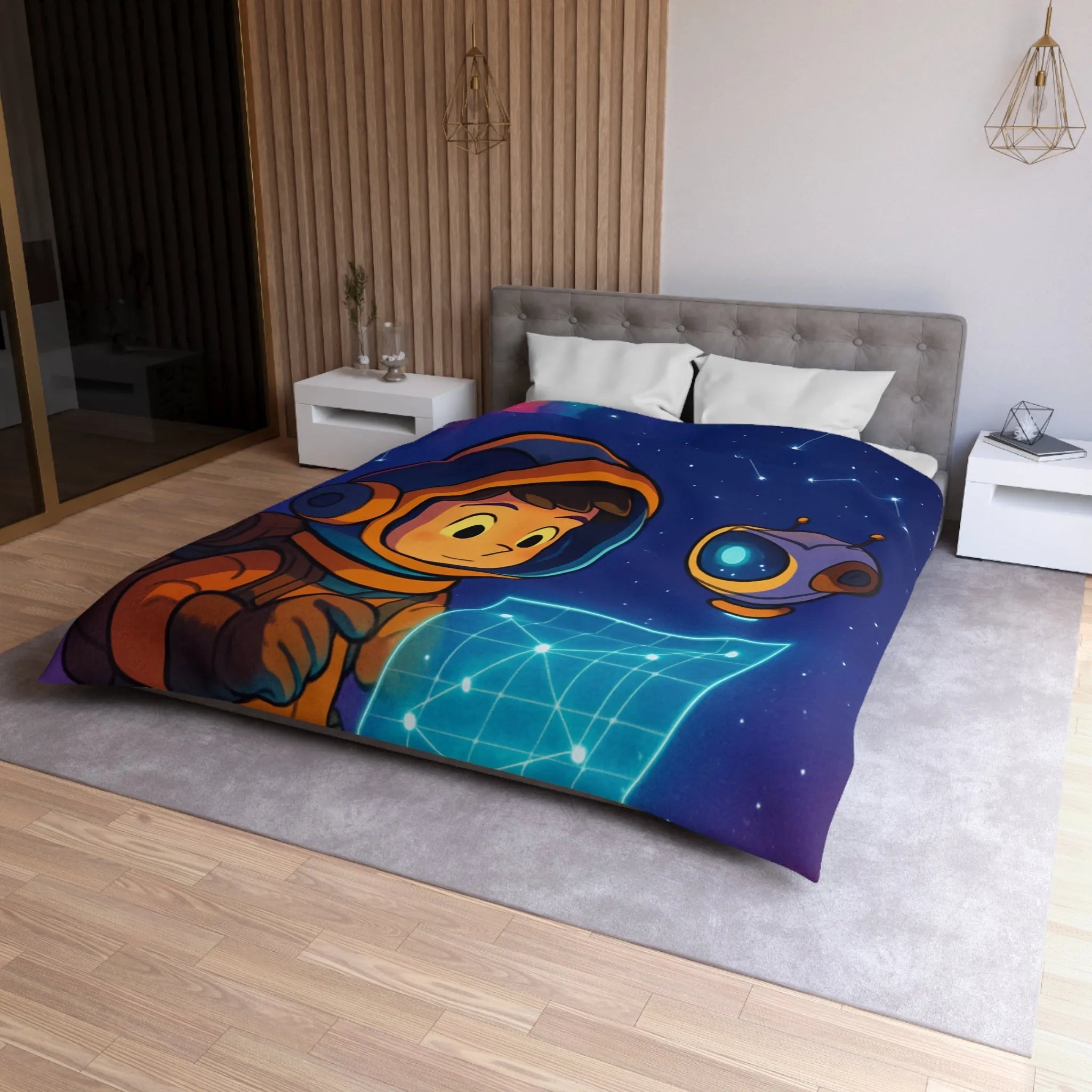Housse de Couette Enfantine Astronaute et Robot Explorent le Ciel Étoilé Fantastique