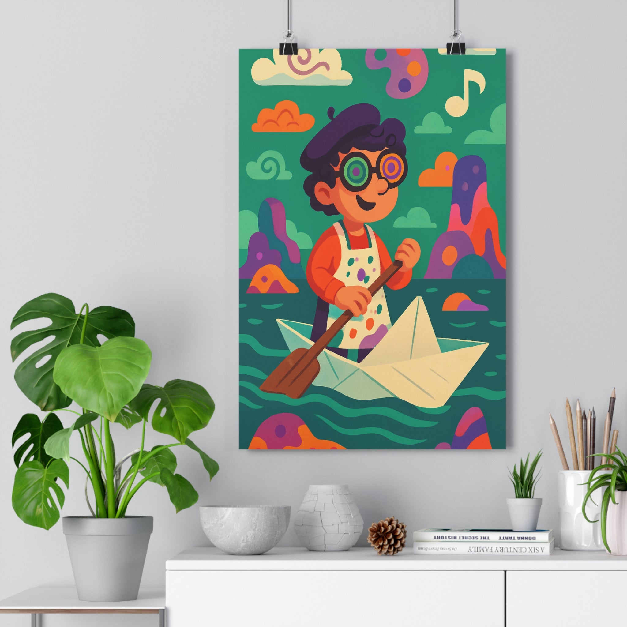 Poster décoratif cartoon coloré vert orange violet bleu chambre enfant ludique joyeux artistique fantaisiste
