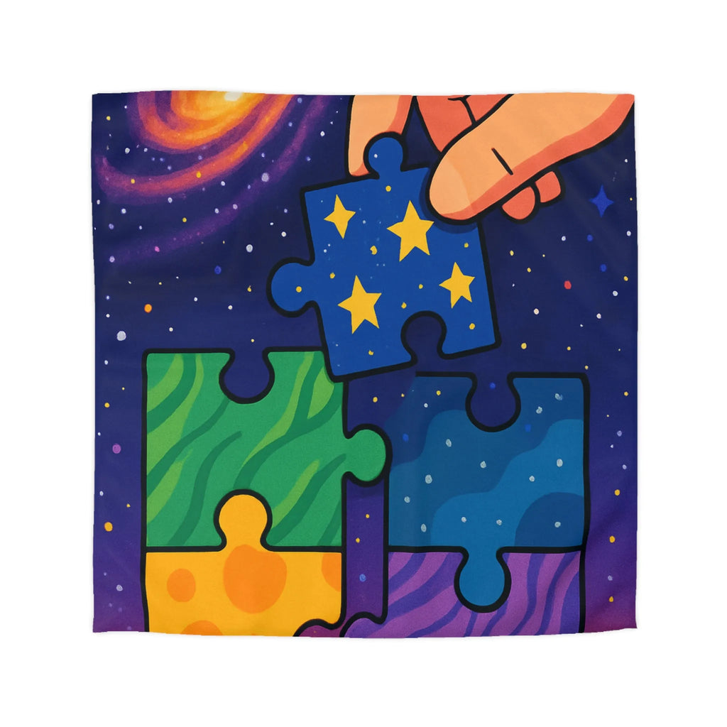 Housse de couette colorée avec motifs puzzle vibrants et design cosmique étoilé