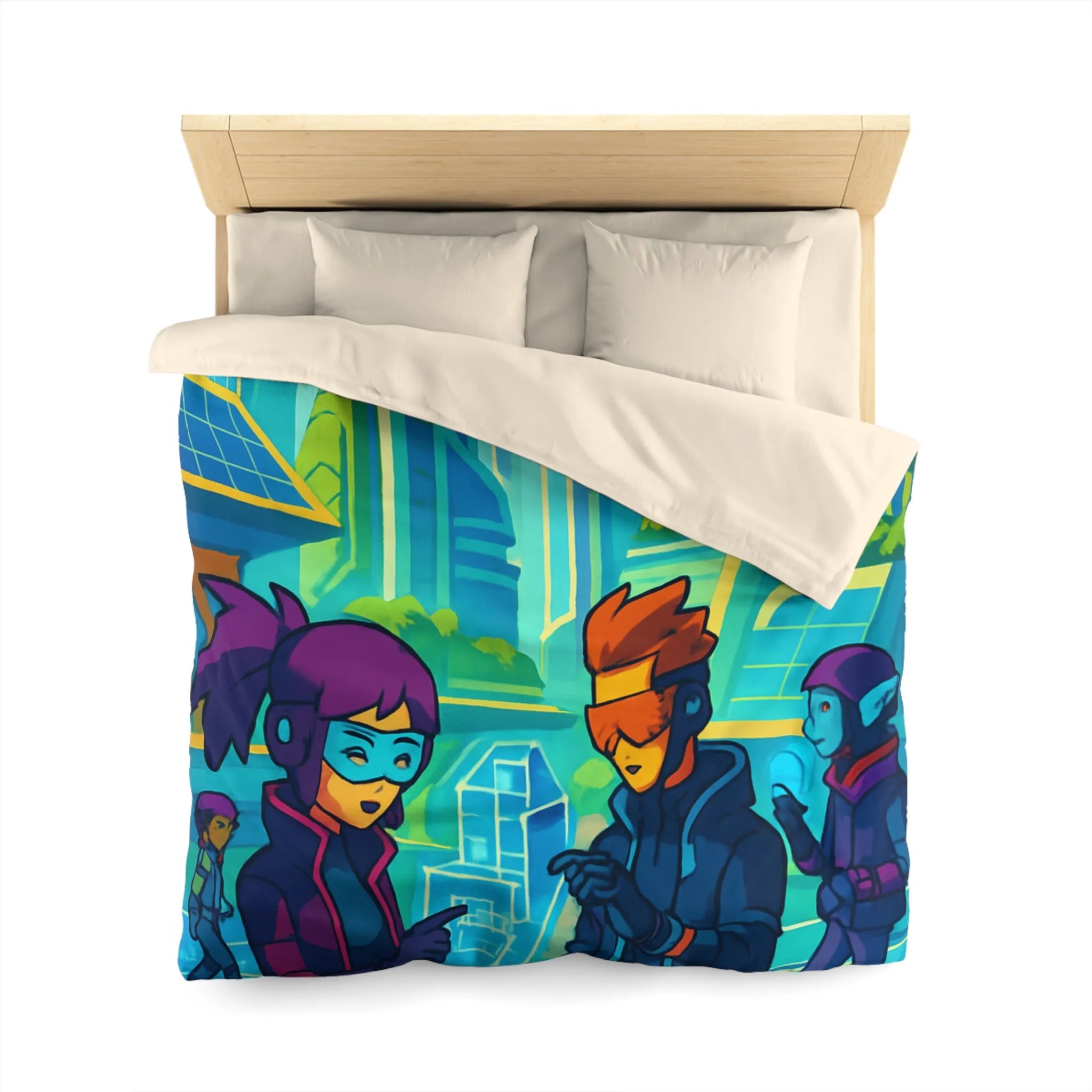 Housse de couette futuriste avec design coloré et thème urbain science-fiction moderne