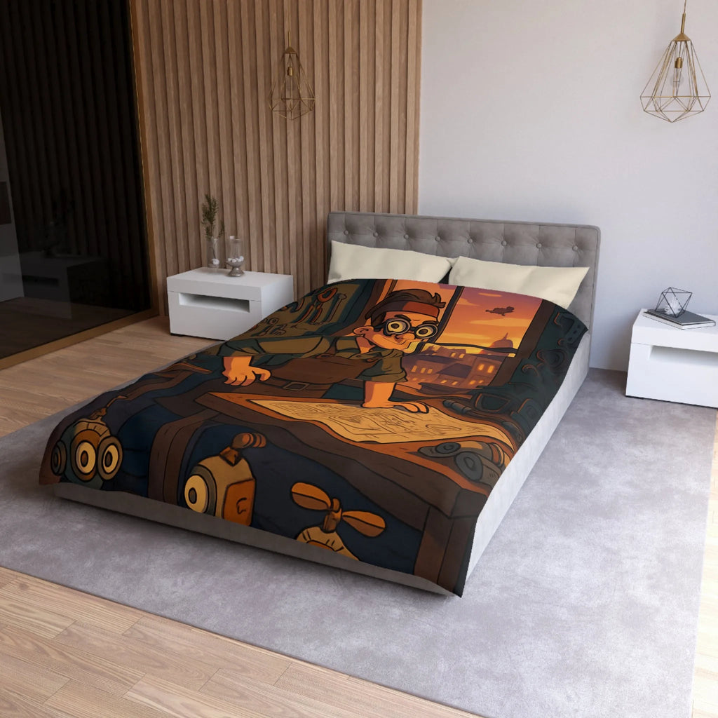 Housse de couette enfant avec illustration atelier rétro et robots amusants pour inventeur