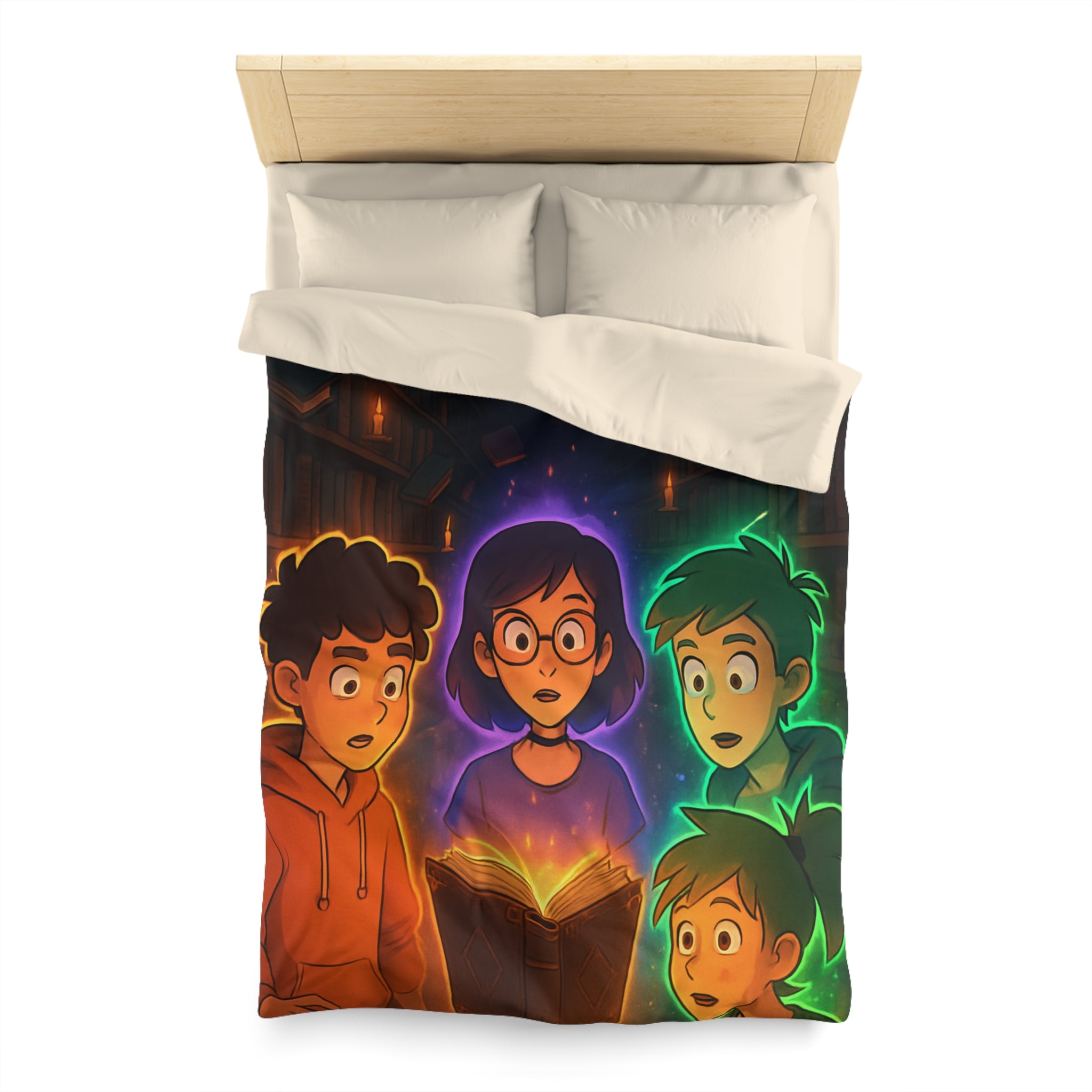 Housse de Couette Mystérieuse avec Enfants Découvrant Livre Magique dans Bibliothèque Enchantée