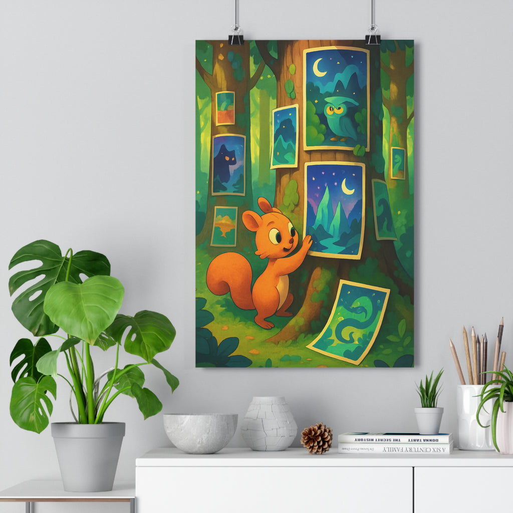 Poster décoratif féérique forêt enchantée écureuil hibou vert violet bleu chambre enfant qualité premium