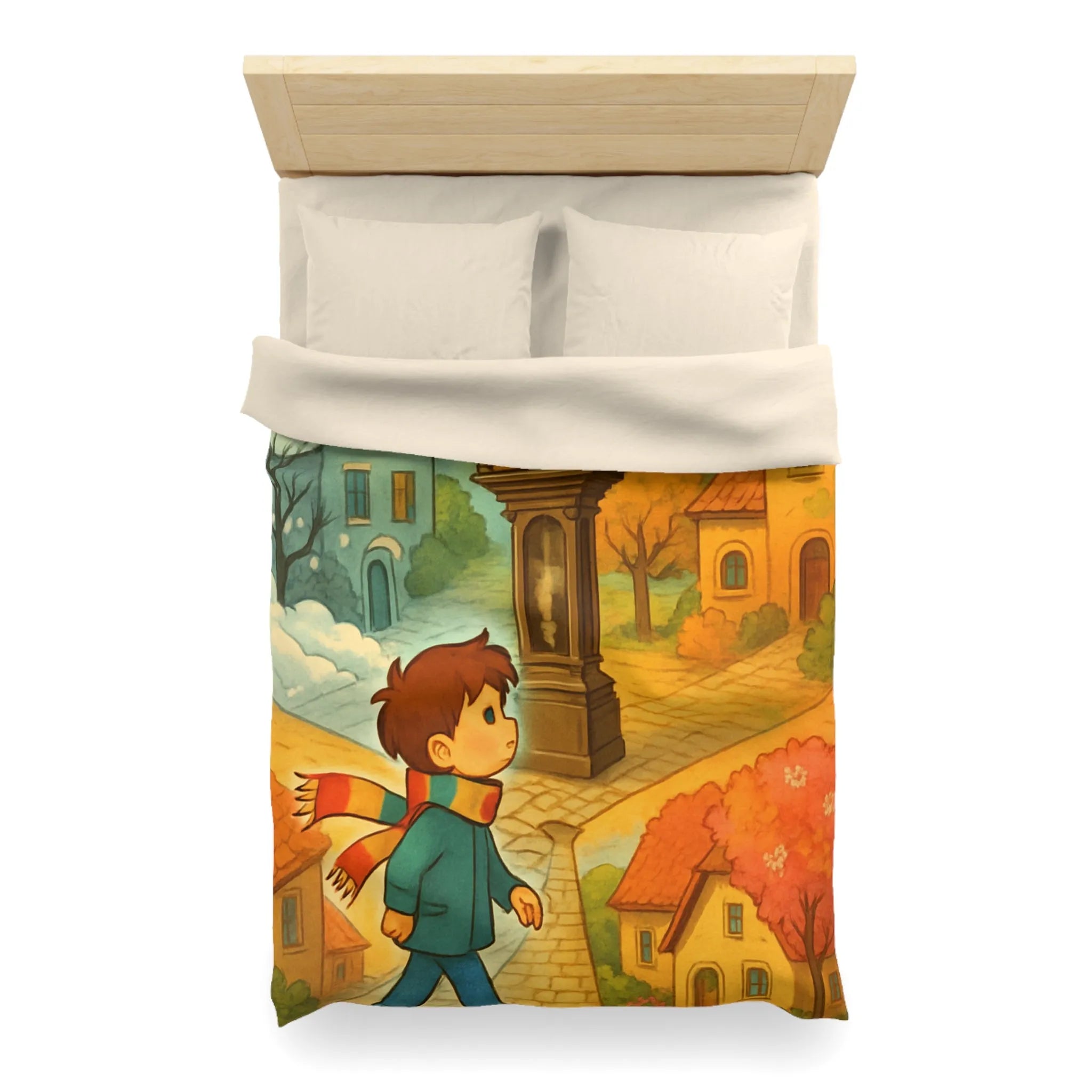 Housse de Couette Enfant Colorée avec Scène Enchanteresse de Village et Horloge Fantaisiste