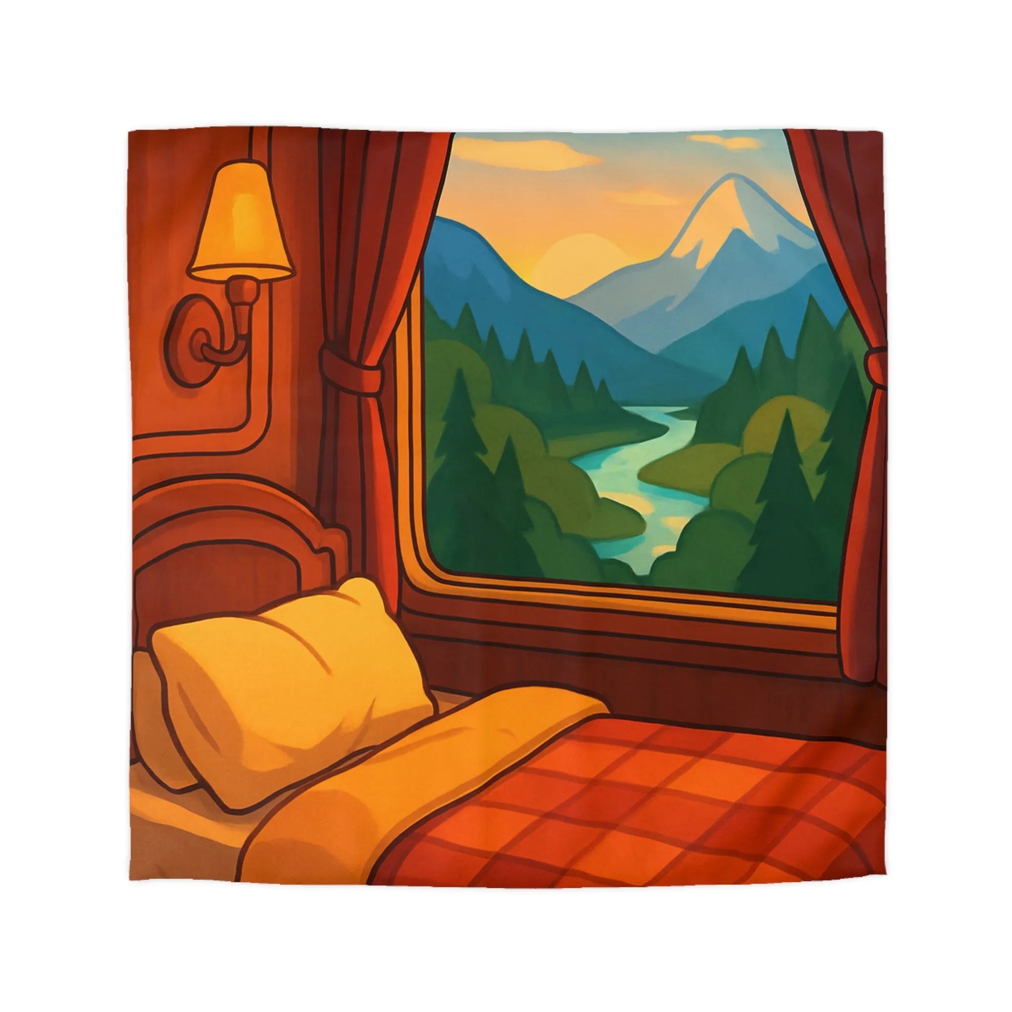Housse de couette ambiance montagne, cadre chaleureux, illustration coucher de soleil panoramique