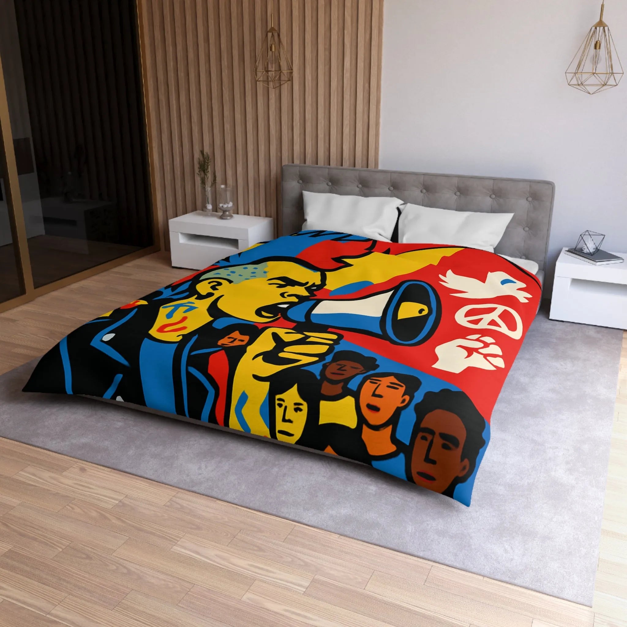 Housse de couette colorée avec illustration dynamique de manifestant engagé pour la paix