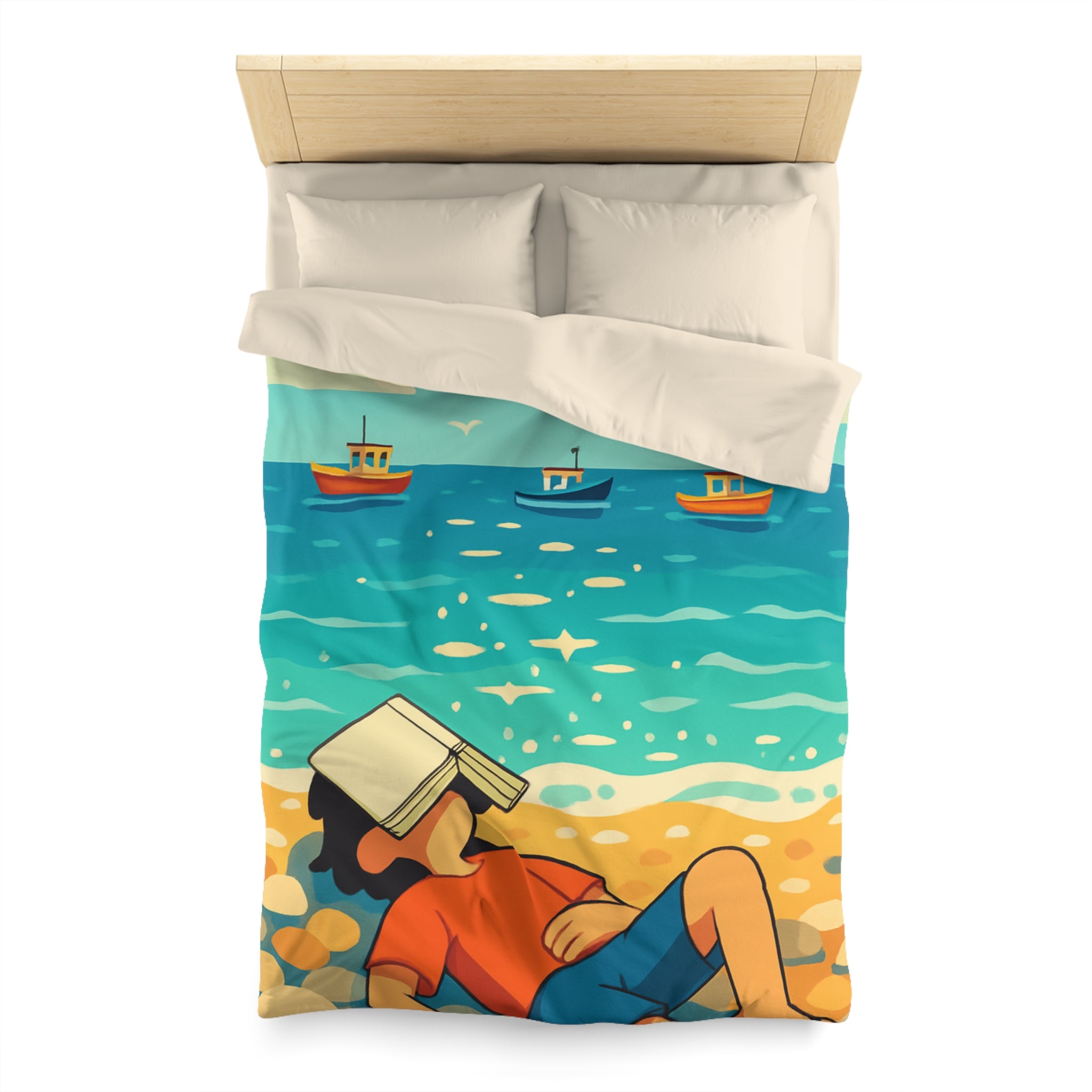 Housse de couette plage relaxante avec enfant, livre et mouettes en été ensoleillé