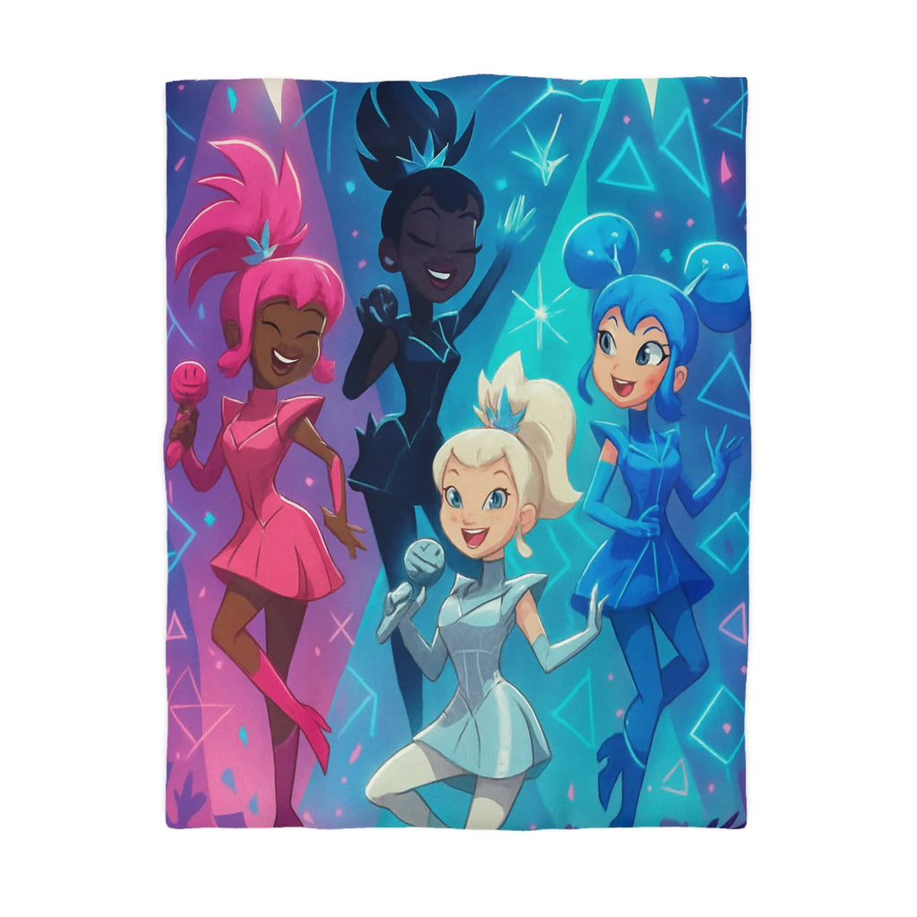 Housse de couette colorée avec personnages chantants et motifs géométriques lumineux