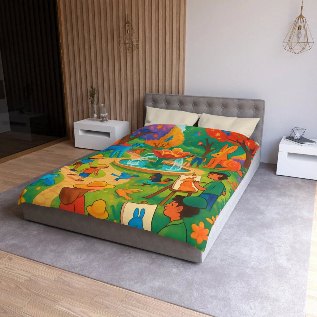 Housse de couette colorée avec animaux fantastiques, enfants et fontaine au parc artistique