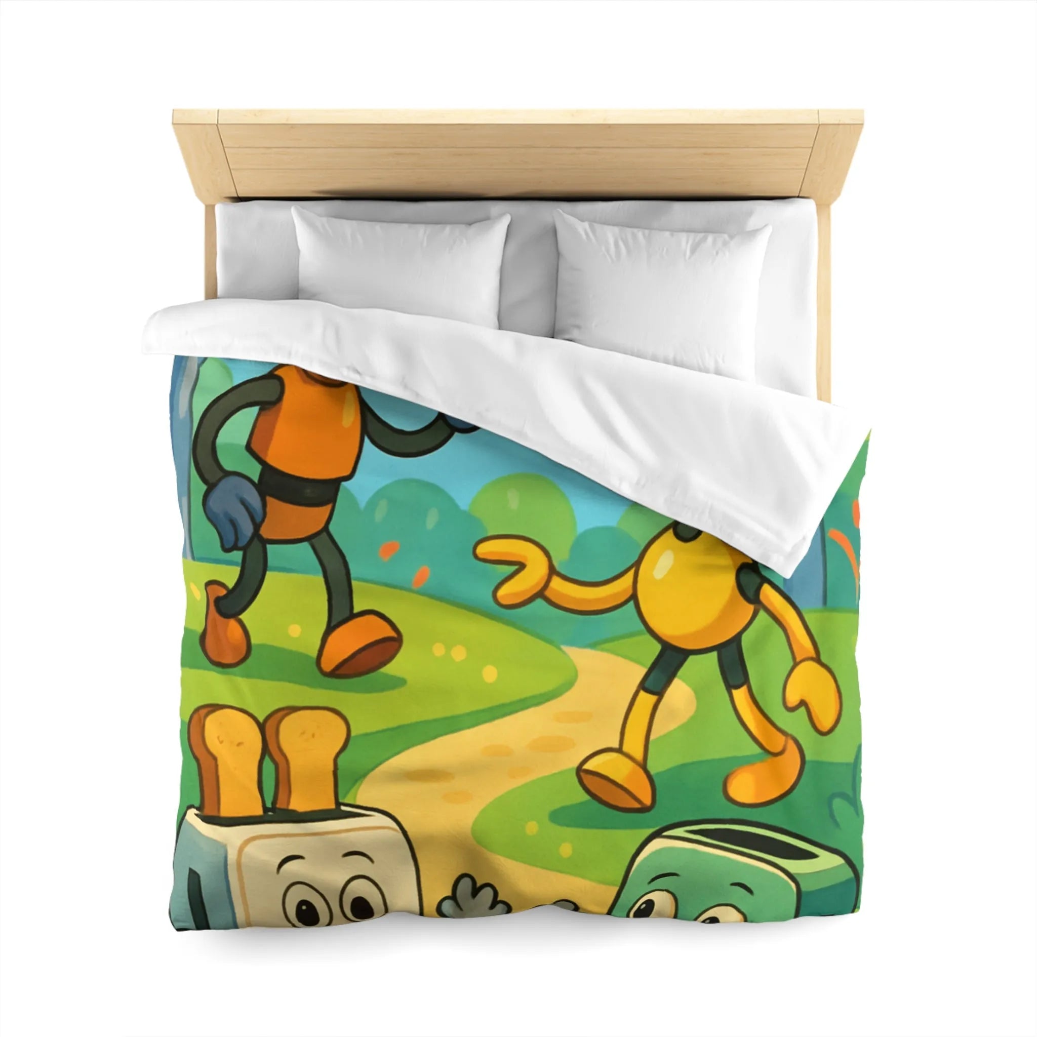 Housse de couette colorée avec robots joyeux et paysage forestier graphique