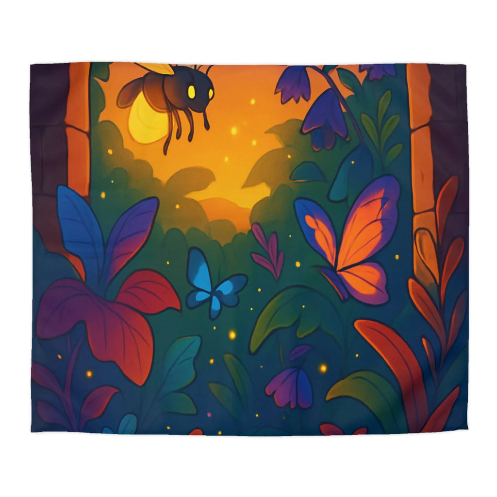 Housse de couette magique avec jardin nocturne illuminé d'insectes lumineux et fleurs vibrantes